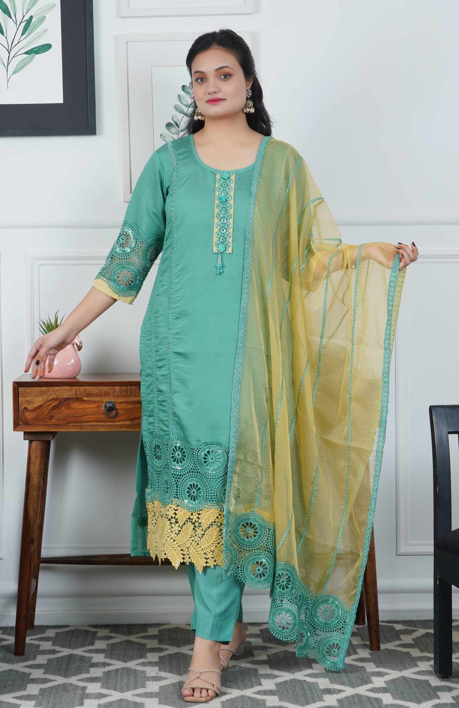 Green Glaze Cotton 3-Piece Dress