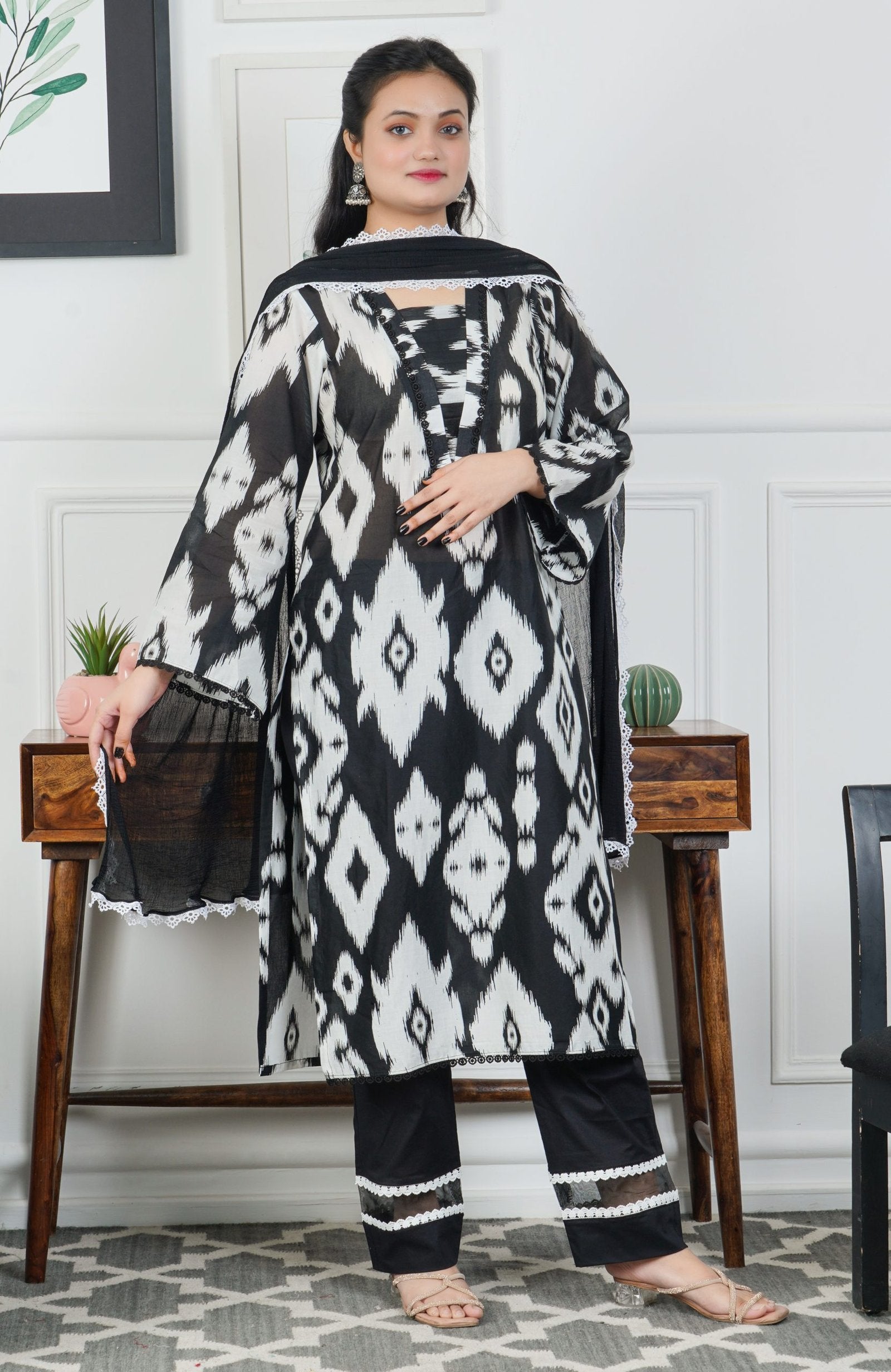 Black Pure Cotton Ikat Printed 3-Piece Dress