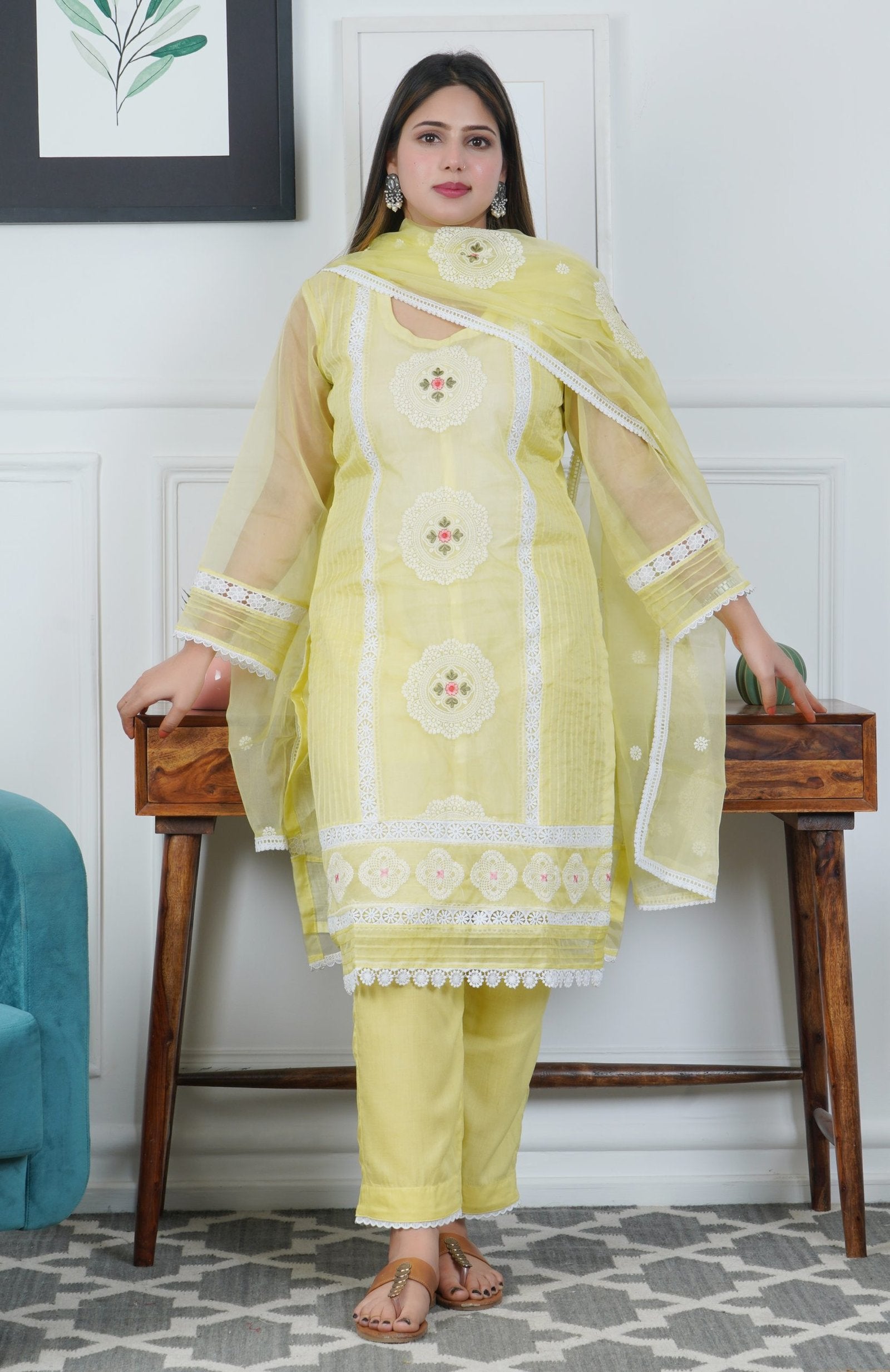 Soft Organza Yellow Embroidered 3 piece dress