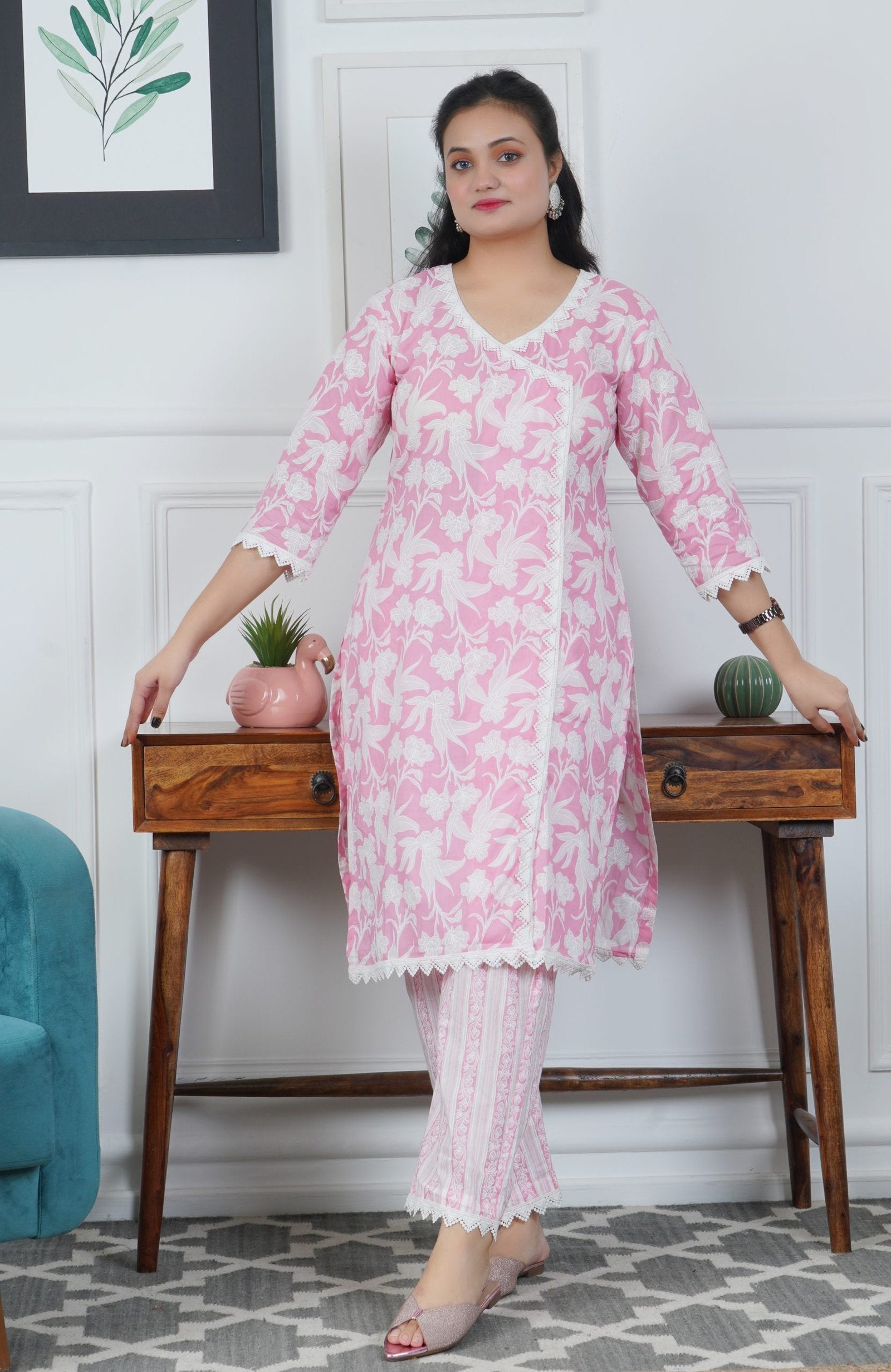 Pink Floral Printed Cotton Kurta with Trouser