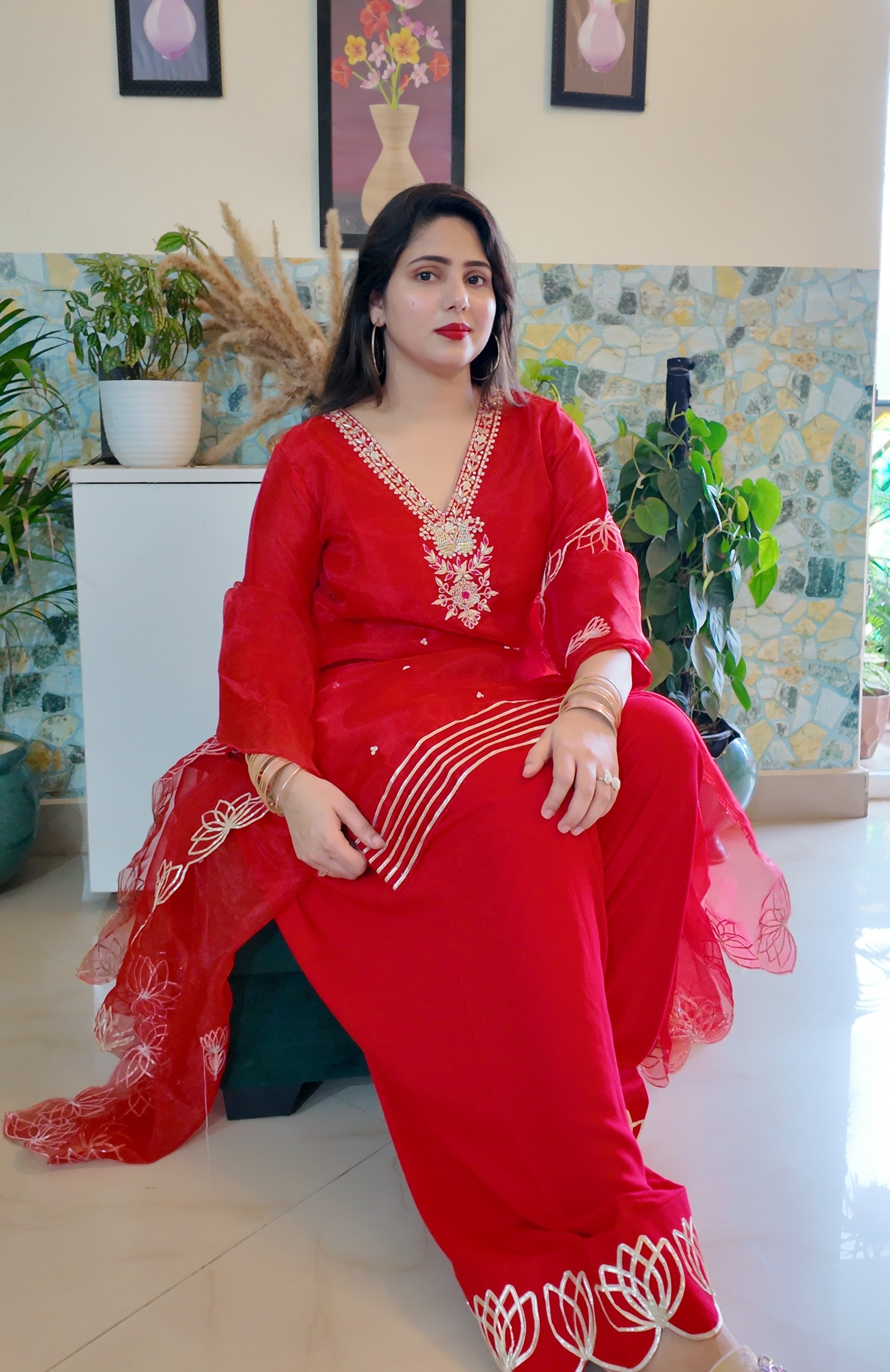 Red Organza Handwork Farshi Salwar