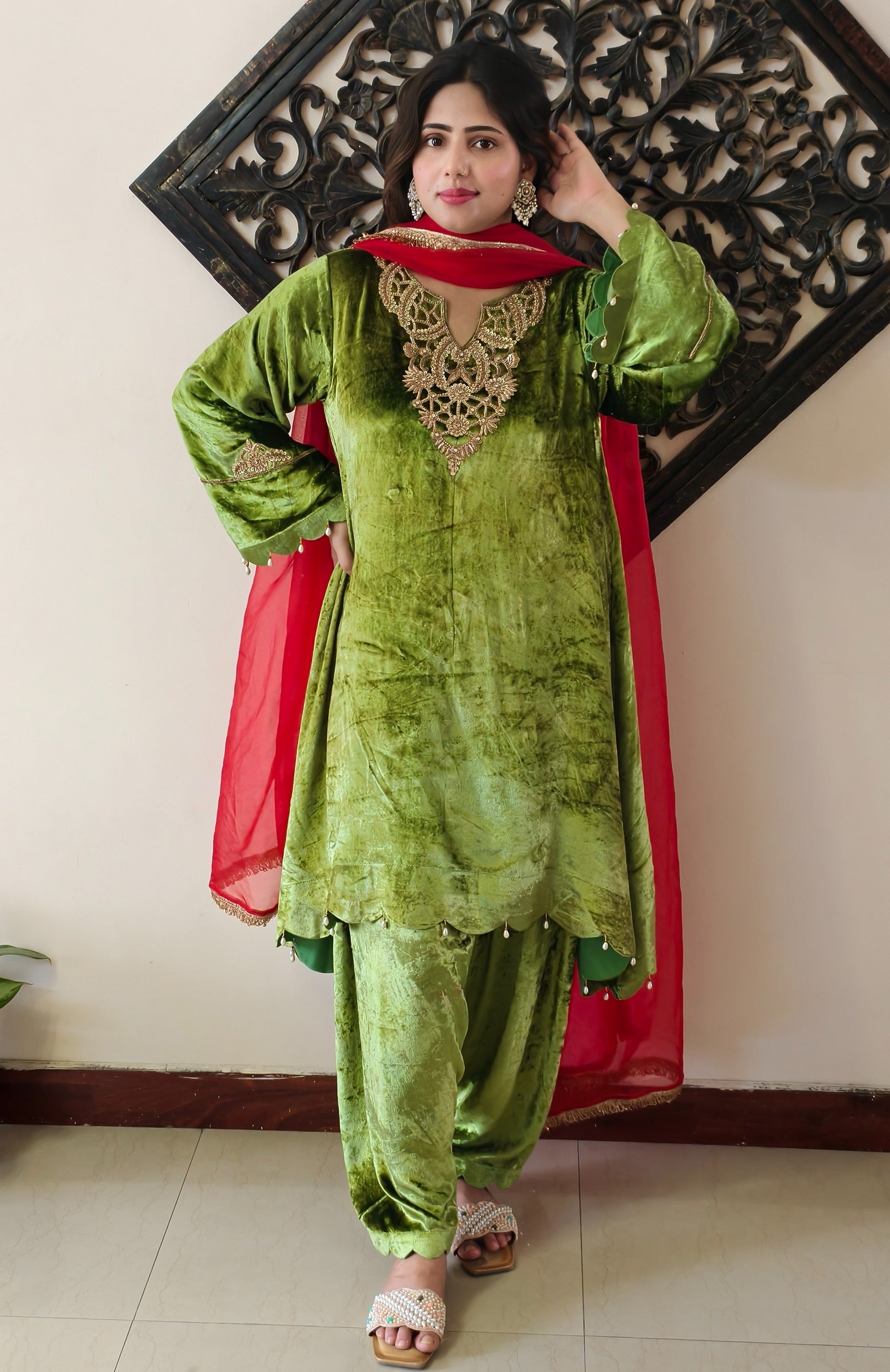 Green Velvet Pure Makhmal Premium Designer Dress