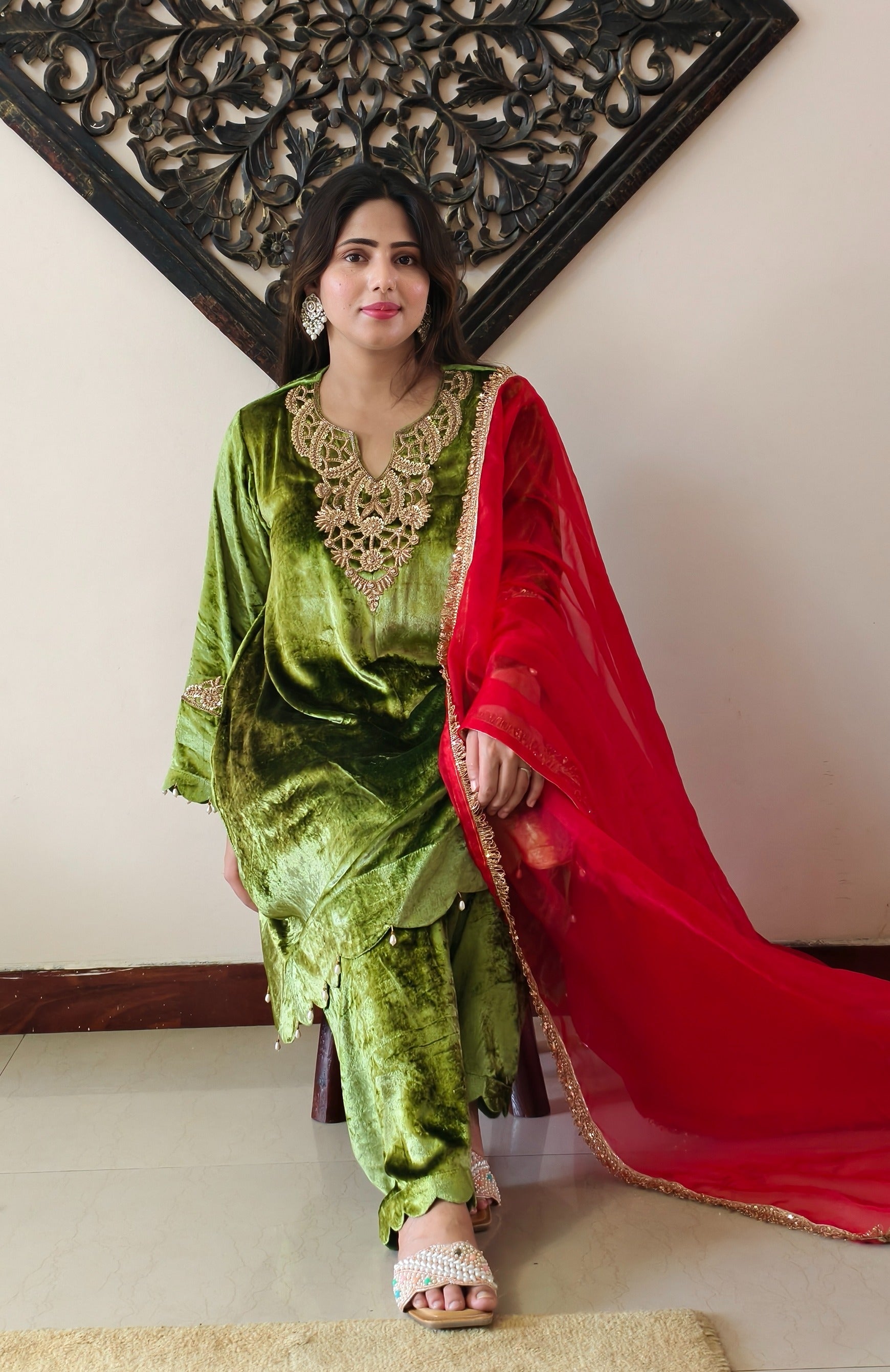 Green Velvet Pure Makhmal Premium Designer Dress