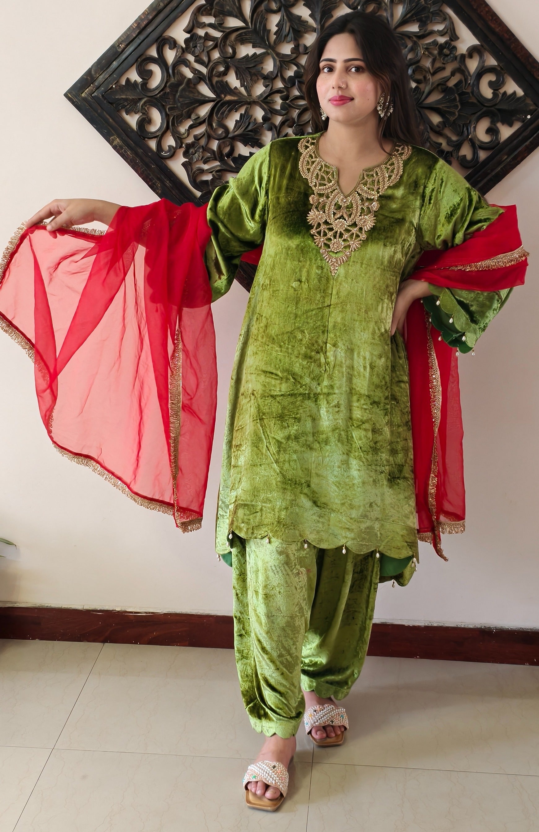 Green Velvet Pure Makhmal Premium Designer Dress