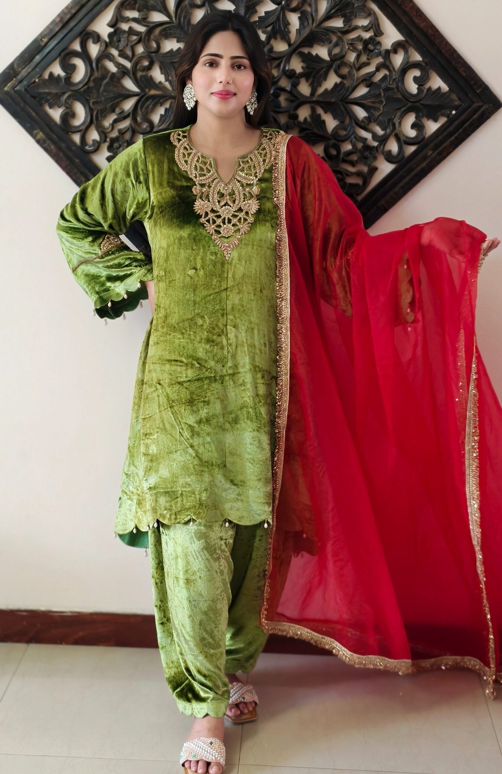 Green Velvet Pure Makhmal Premium Designer Dress