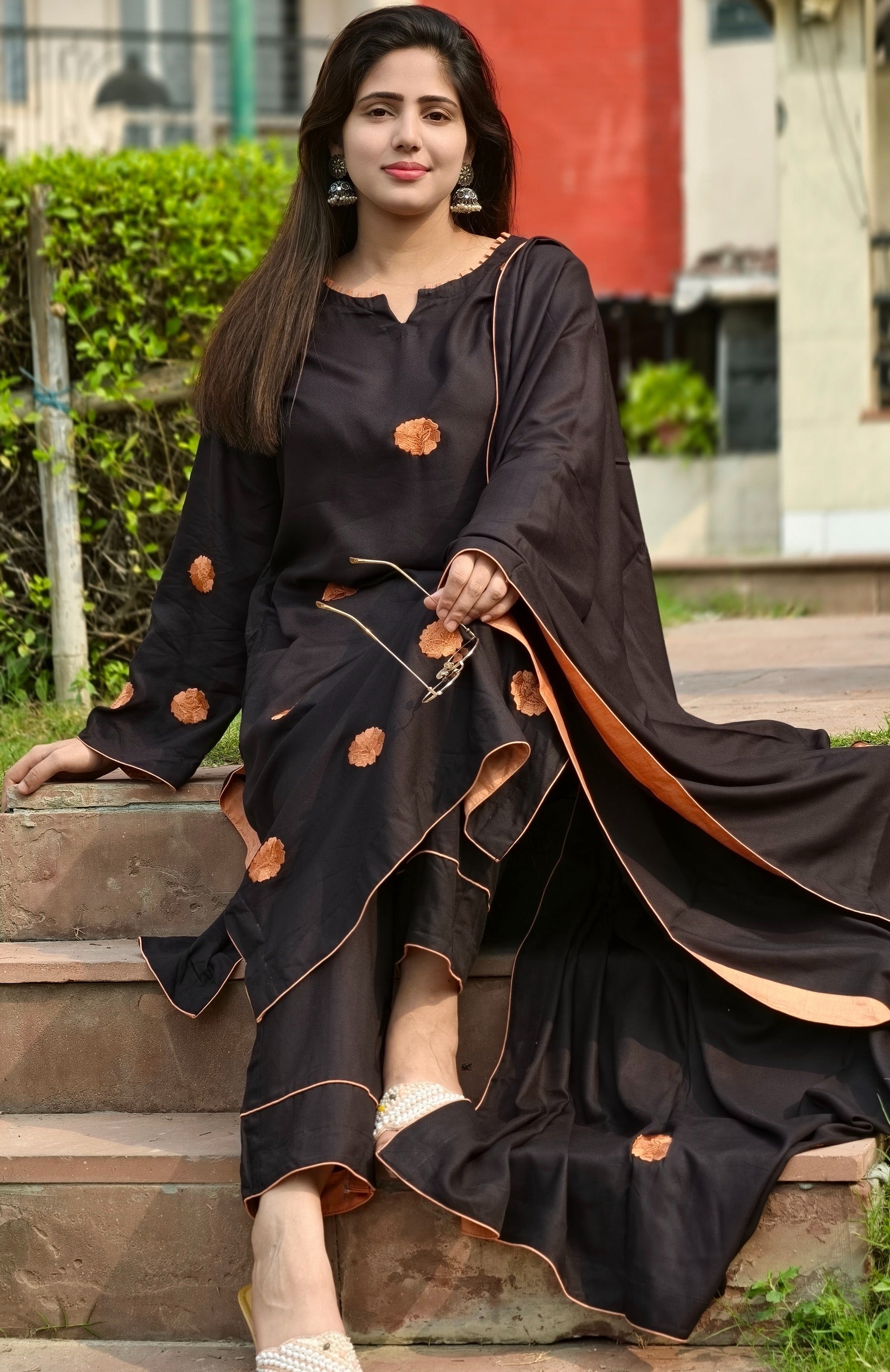 Black Pashmina Embroidered Suit with Shawl