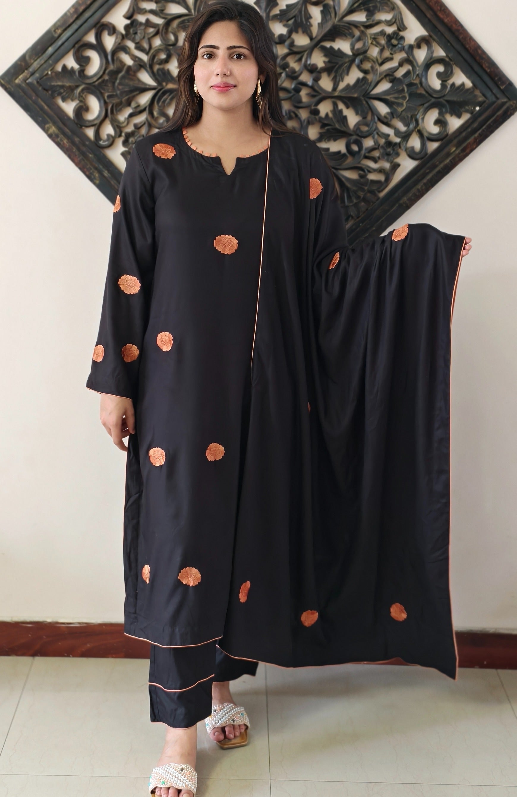 Black Pashmina Embroidered Suit with Shawl