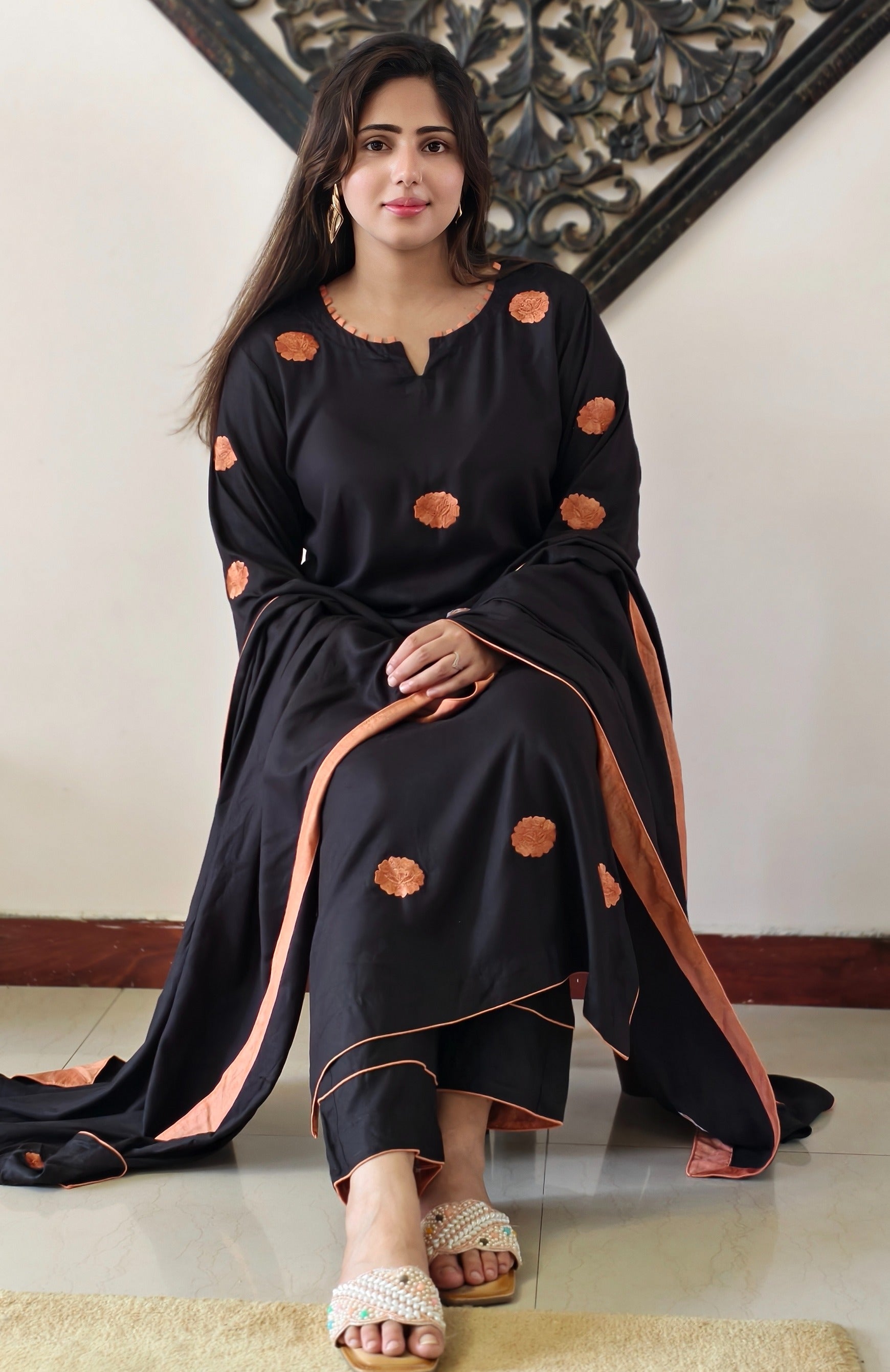Black Pashmina Embroidered Suit with Shawl