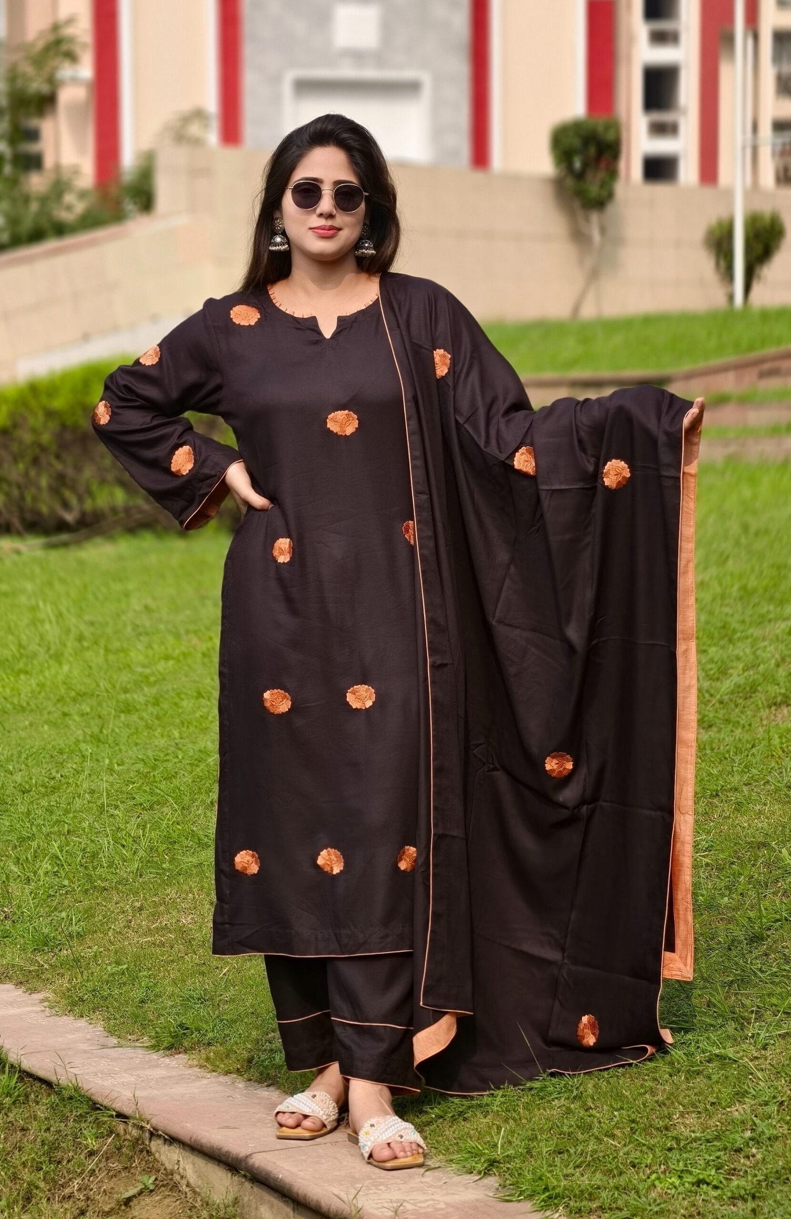 Black Pashmina Embroidered Suit with Shawl