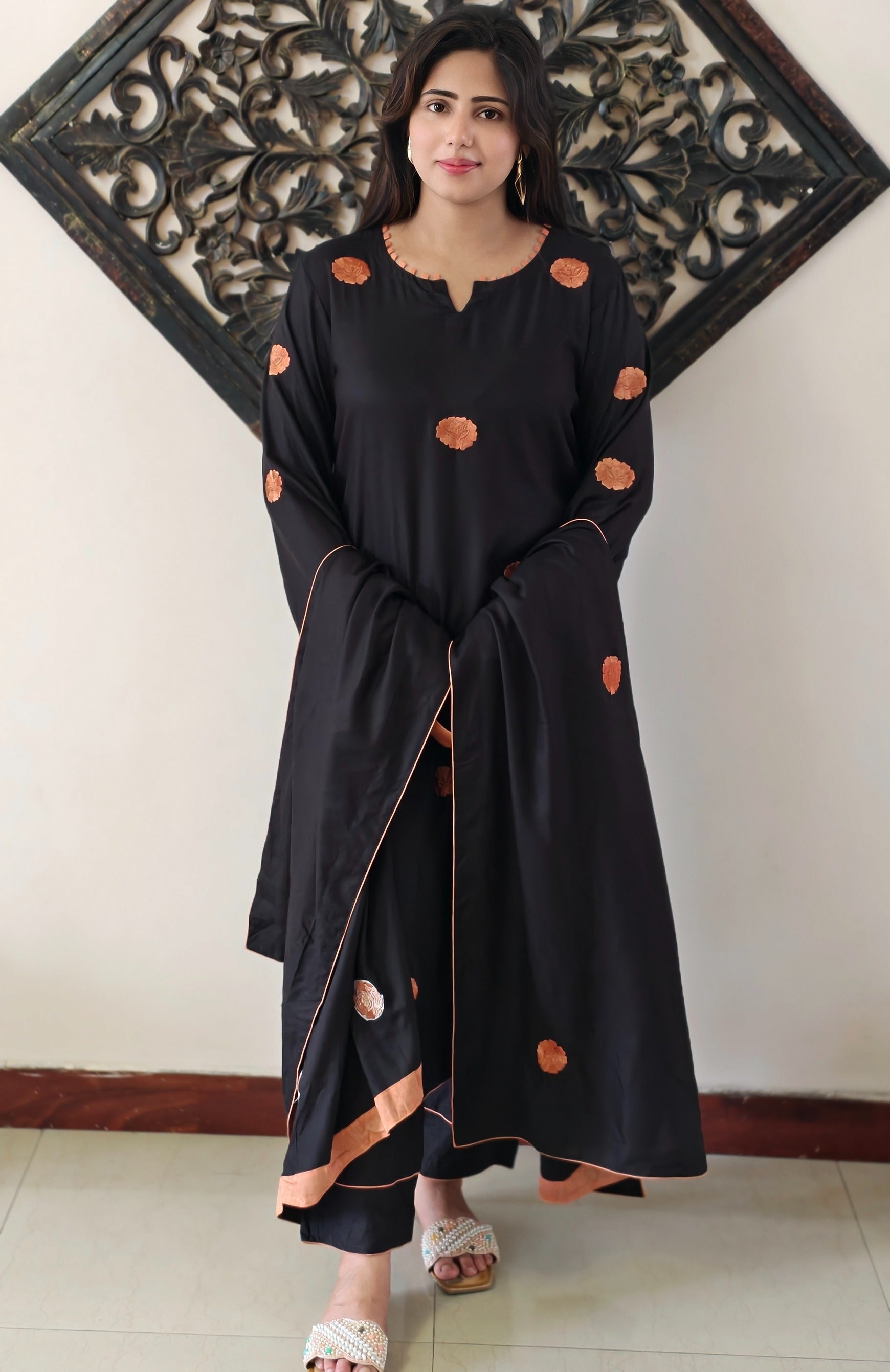 Black Pashmina Embroidered Suit with Shawl