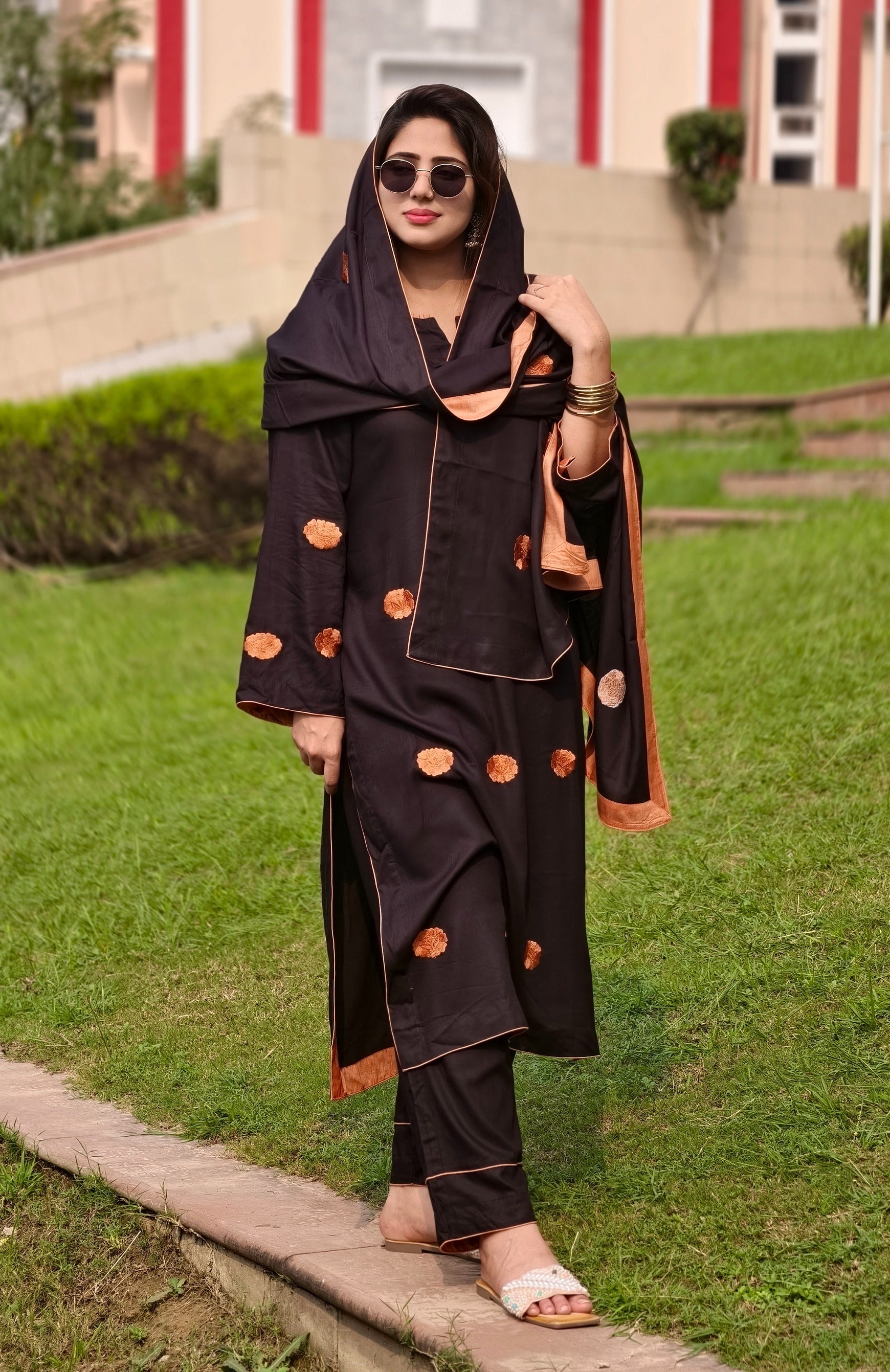 Black Pashmina Embroidered Suit with Shawl