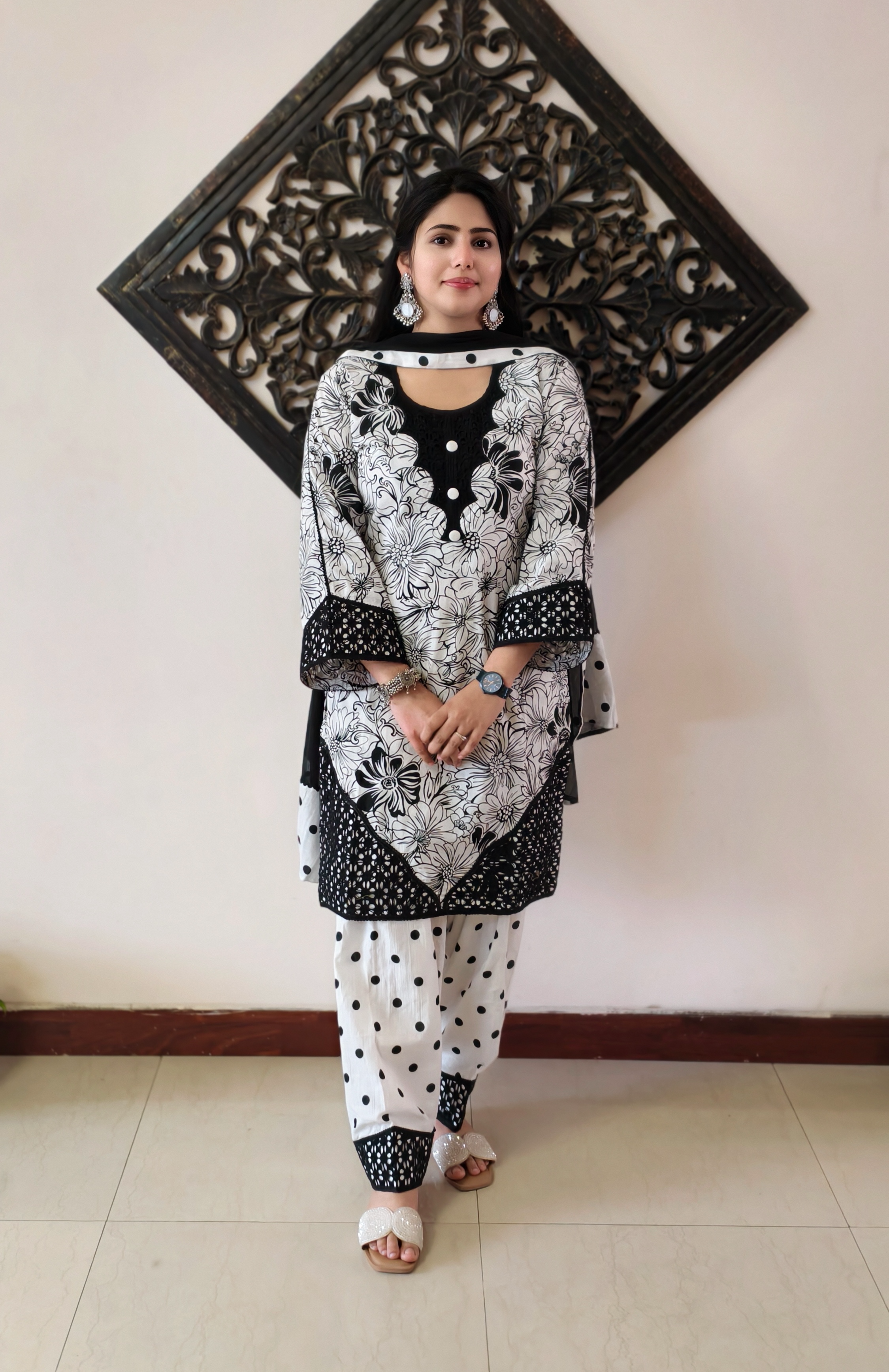 White and Black Cotton Floral Print with Polka Farshi Salwar