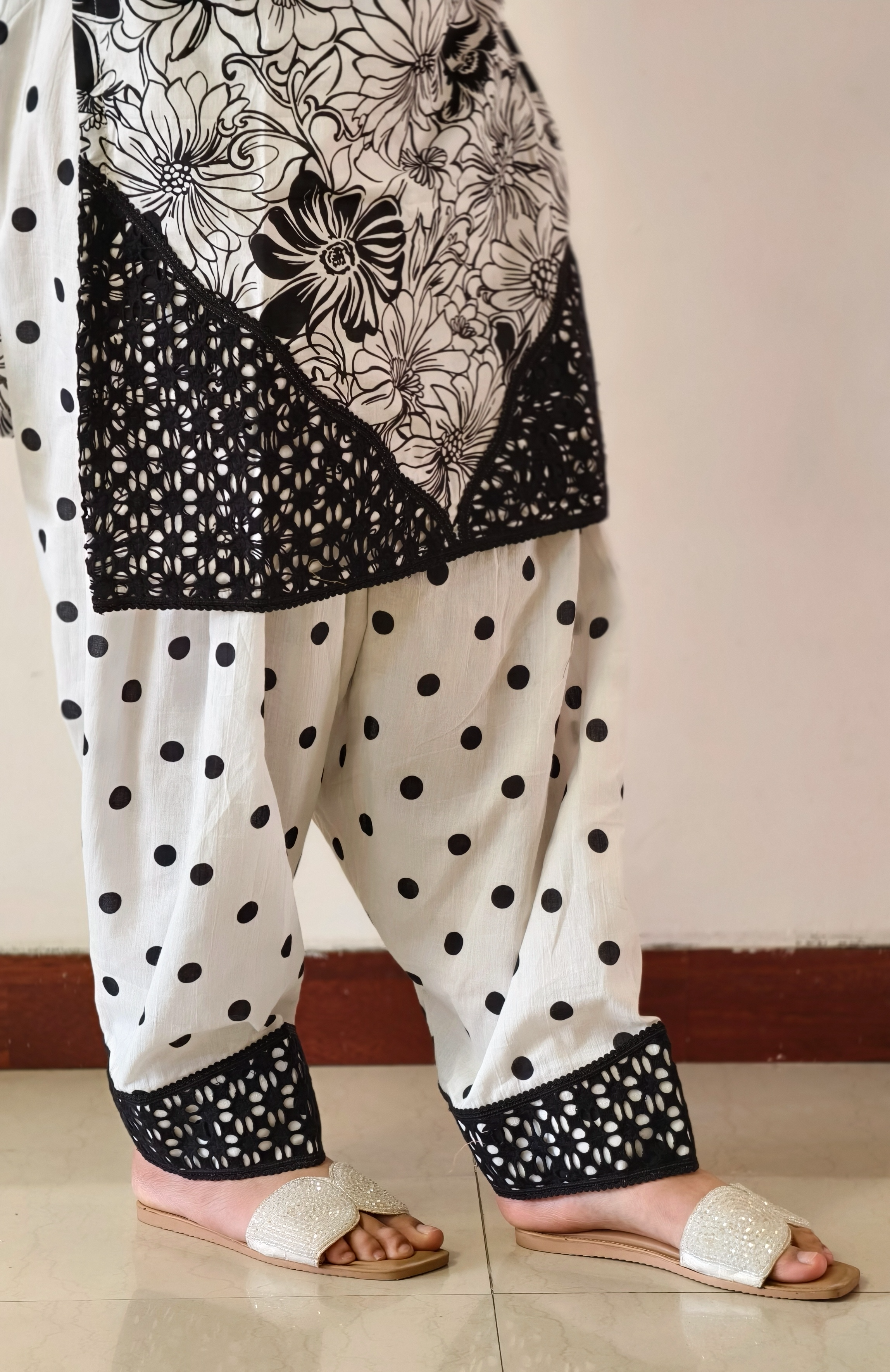 White and Black Cotton Floral Print with Polka Farshi Salwar