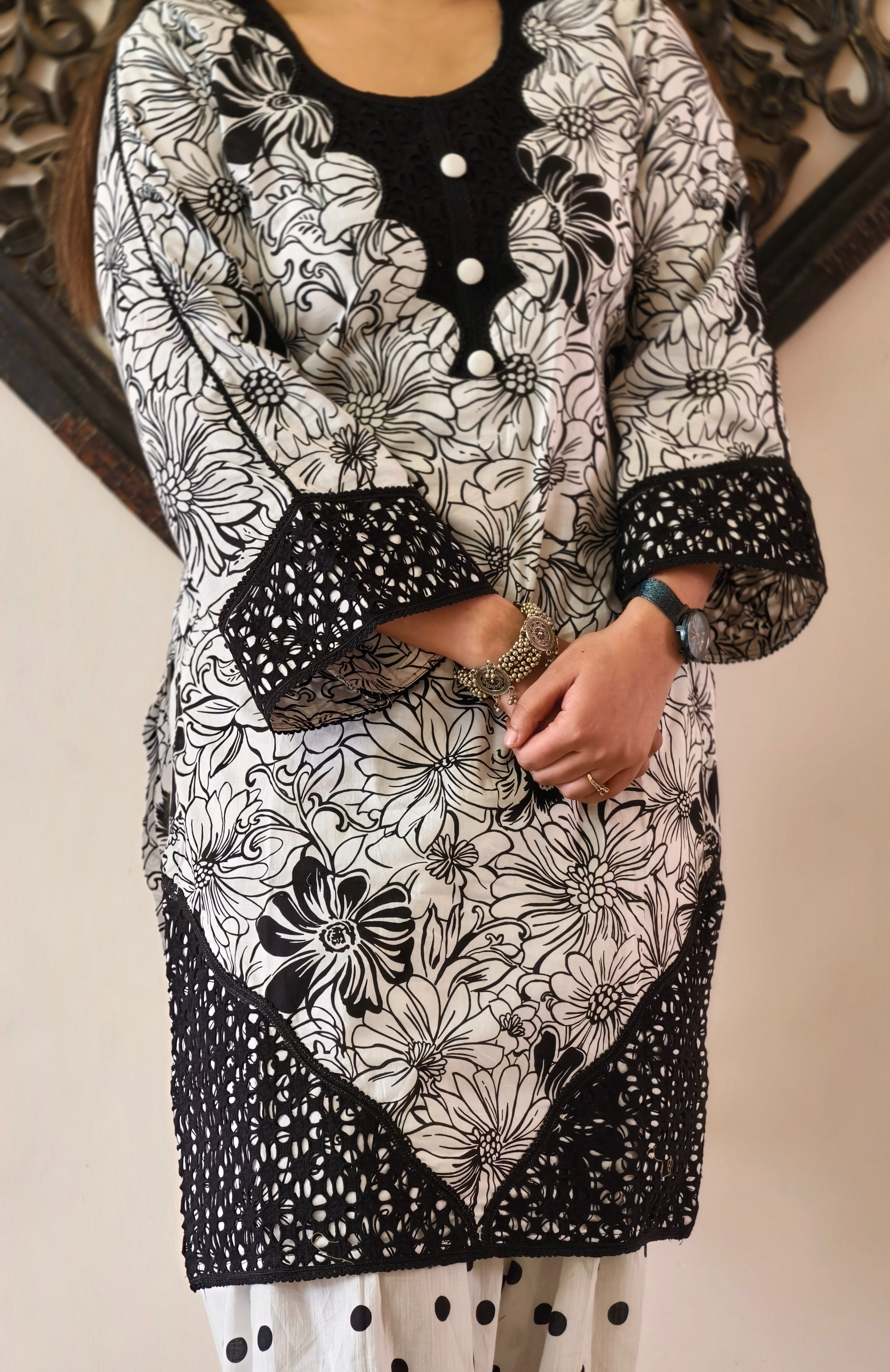 White and Black Cotton Floral Print with Polka Farshi Salwar