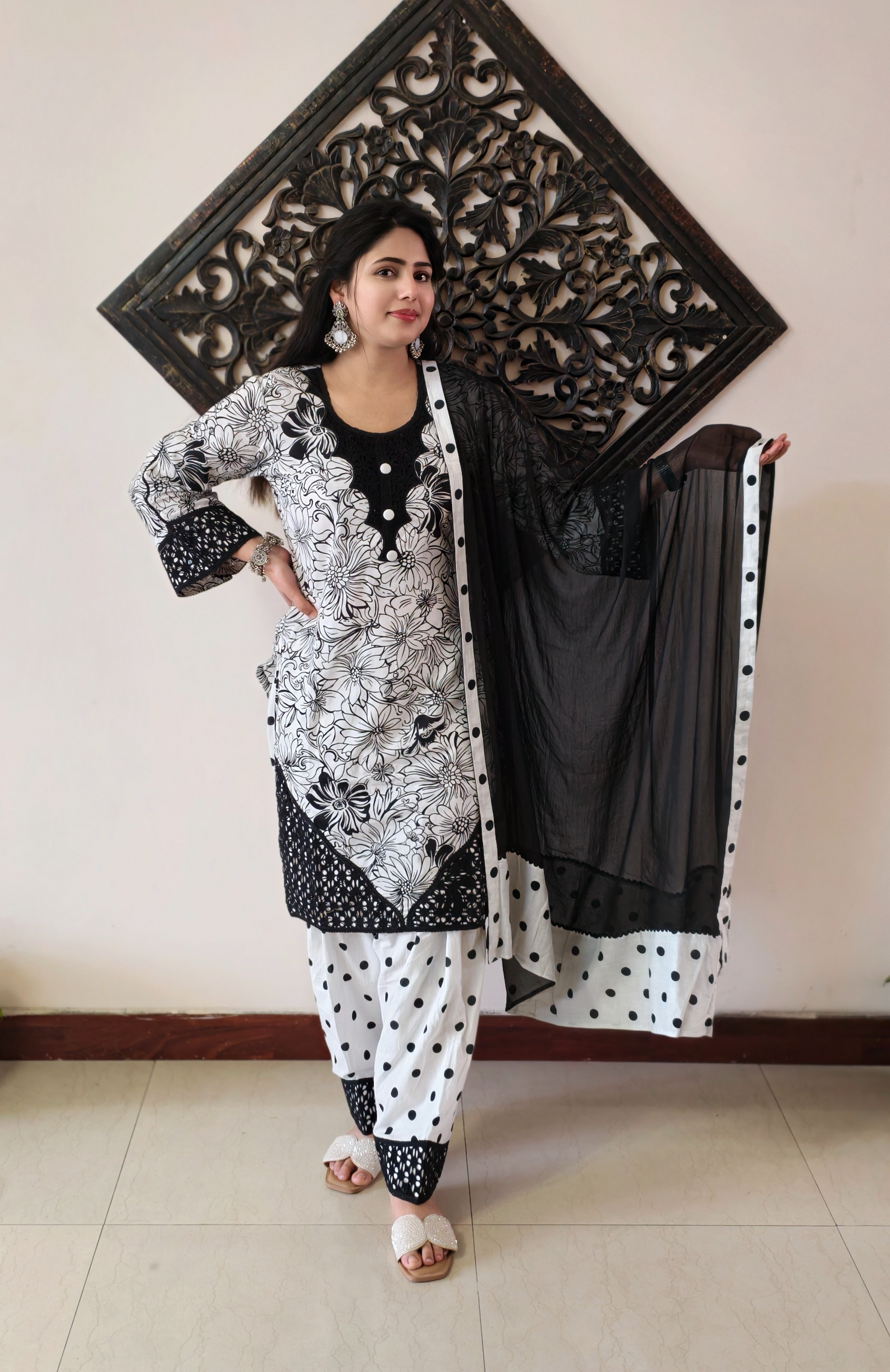 White and Black Cotton Floral Print with Polka Farshi Salwar