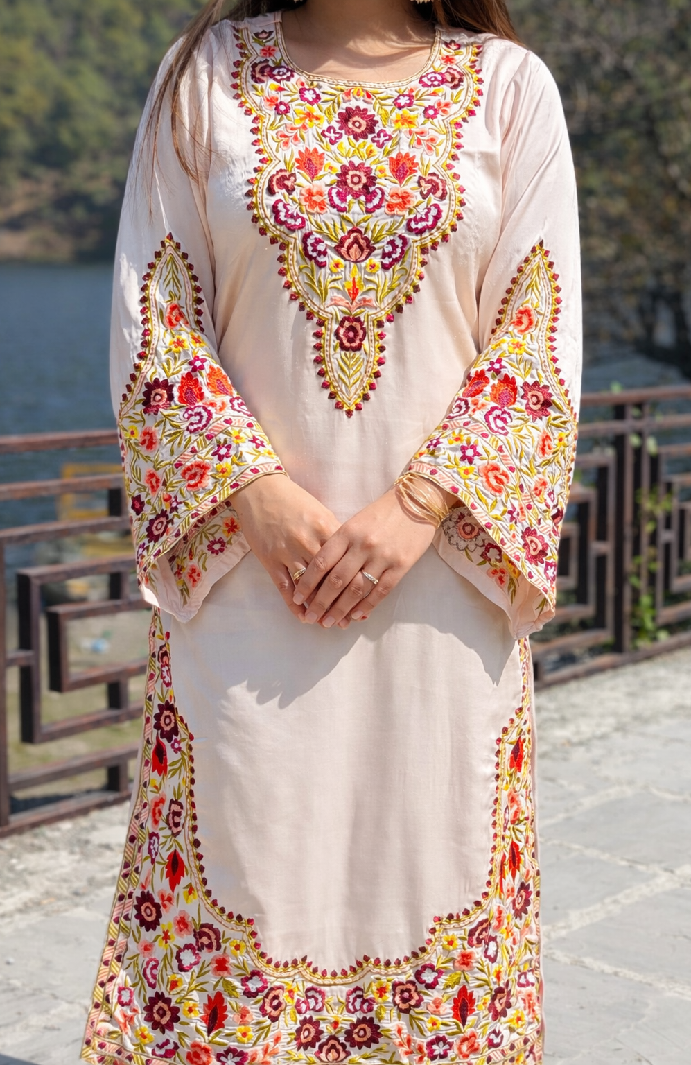 Ivory Embroidered Satin Kaftan 3-piece dress