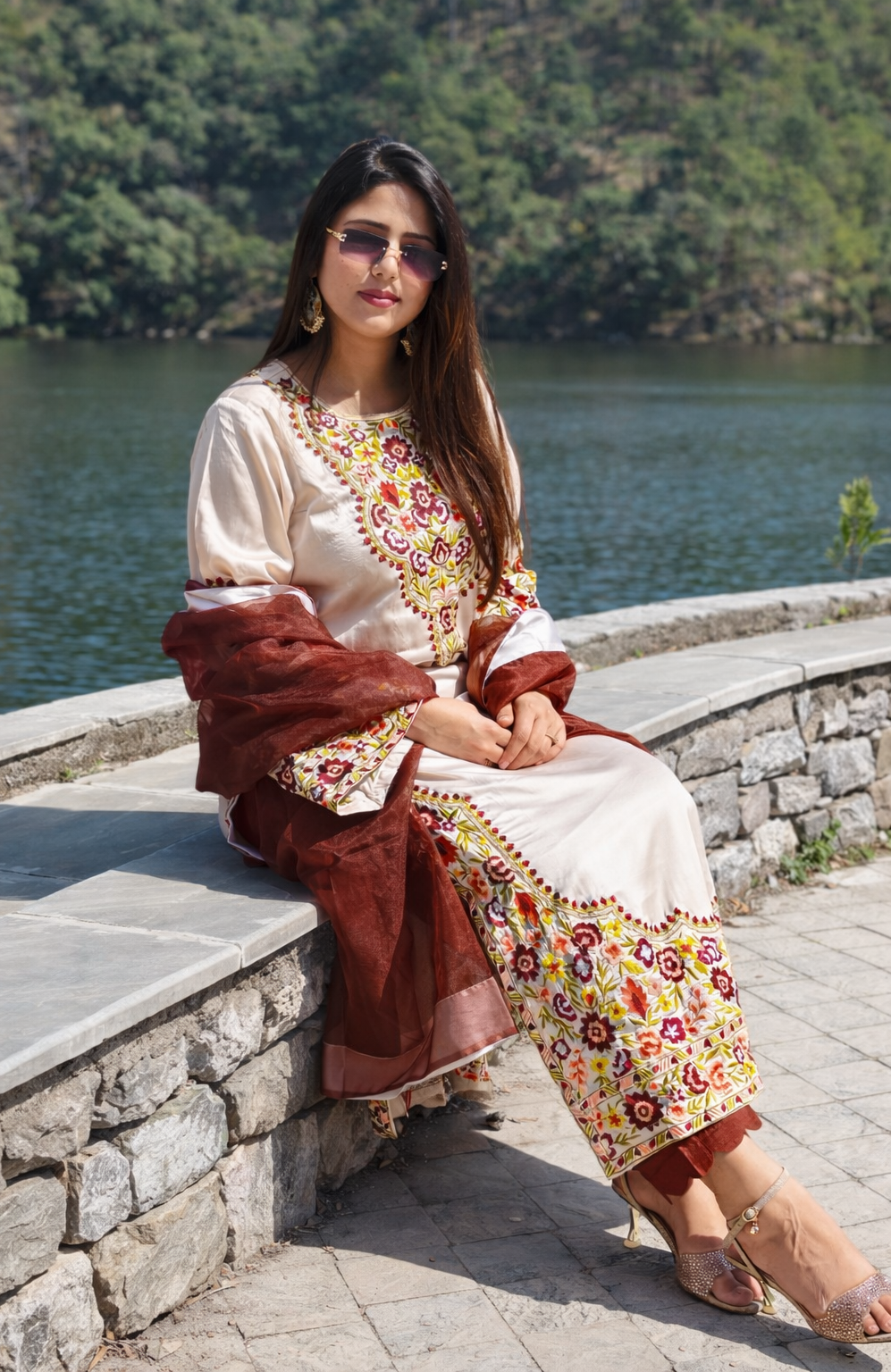 Ivory Embroidered Satin Kaftan 3-piece dress