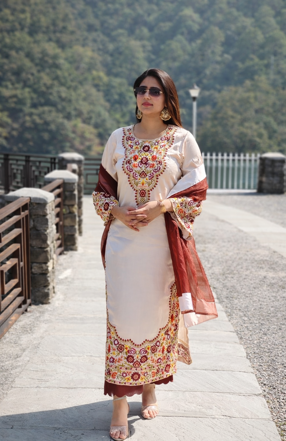 Ivory Embroidered Satin Kaftan 3-piece dress