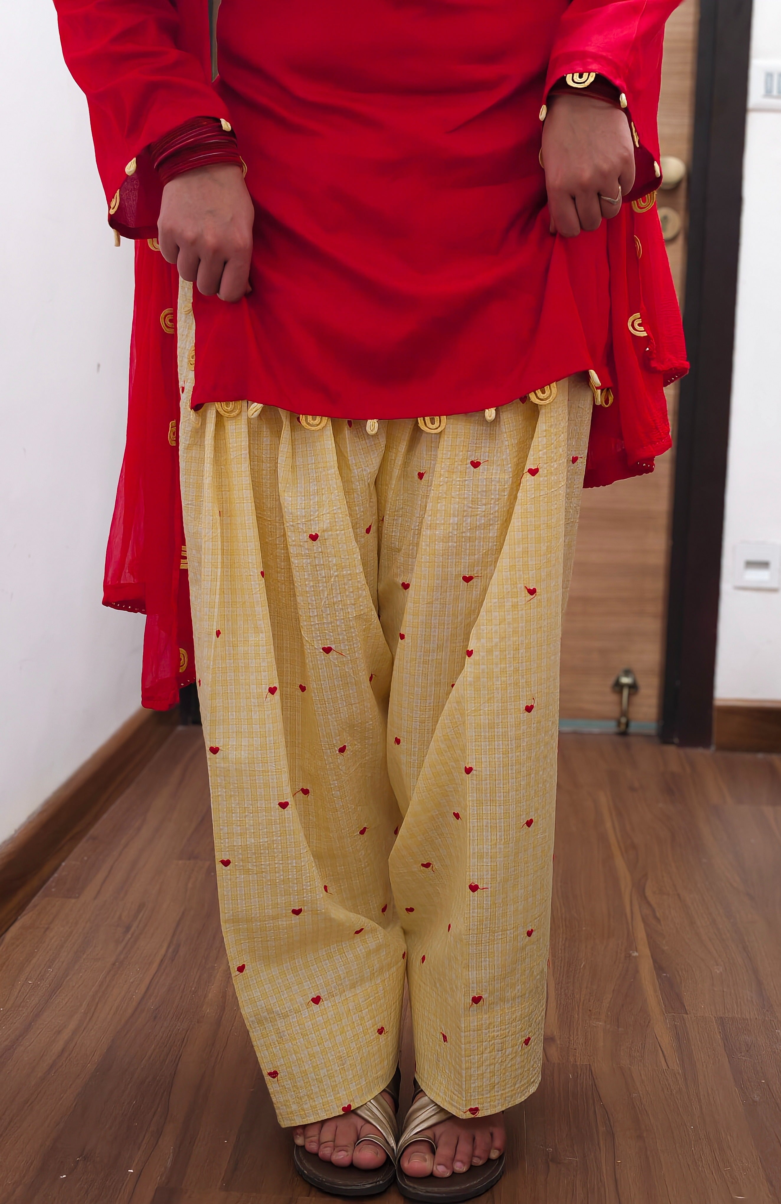 Red and Yellow Cotton Farshi Salwar Set