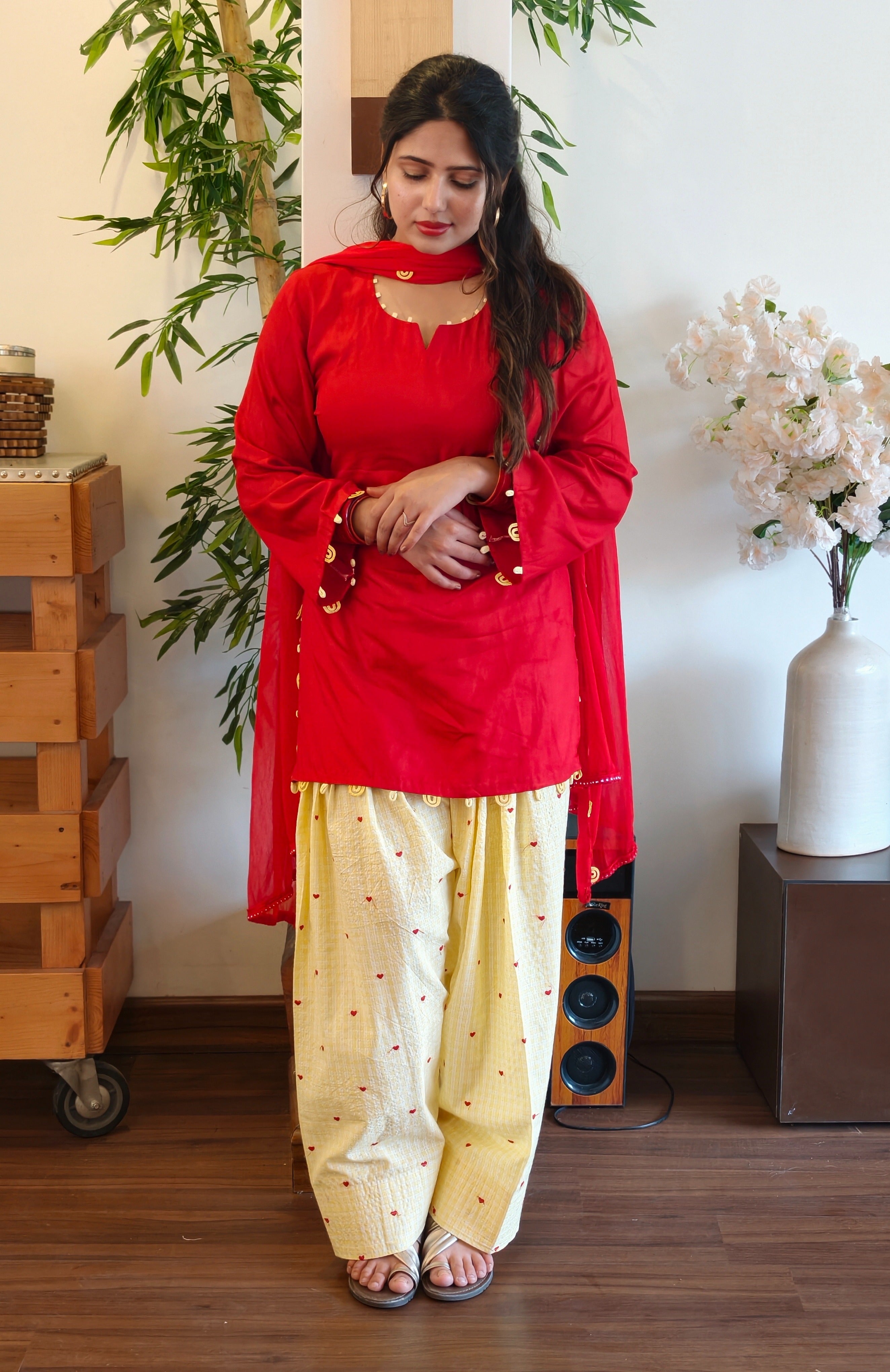 Red and Yellow Cotton Farshi Salwar Set