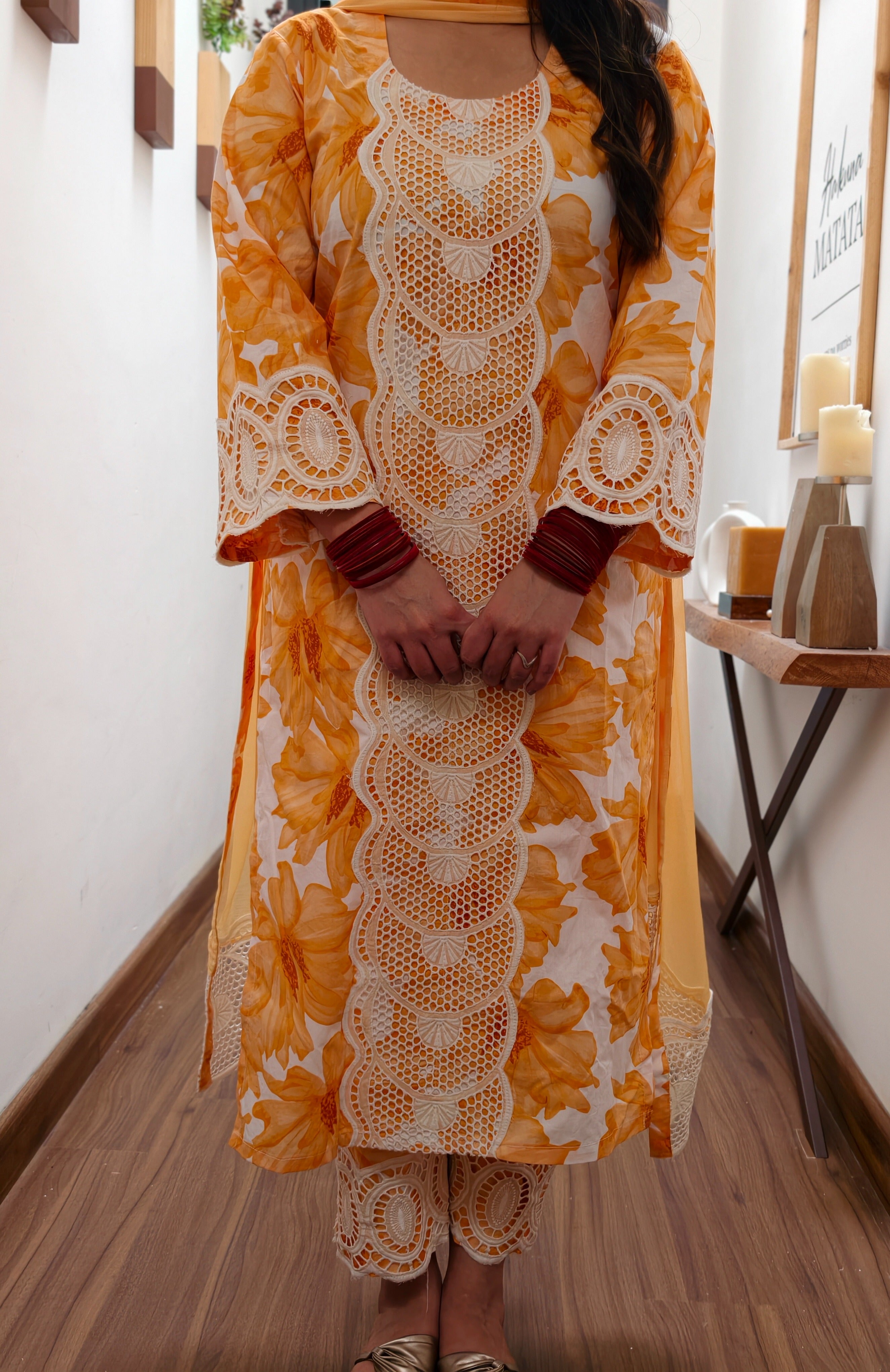 Orange Floral Lace Kurta Set