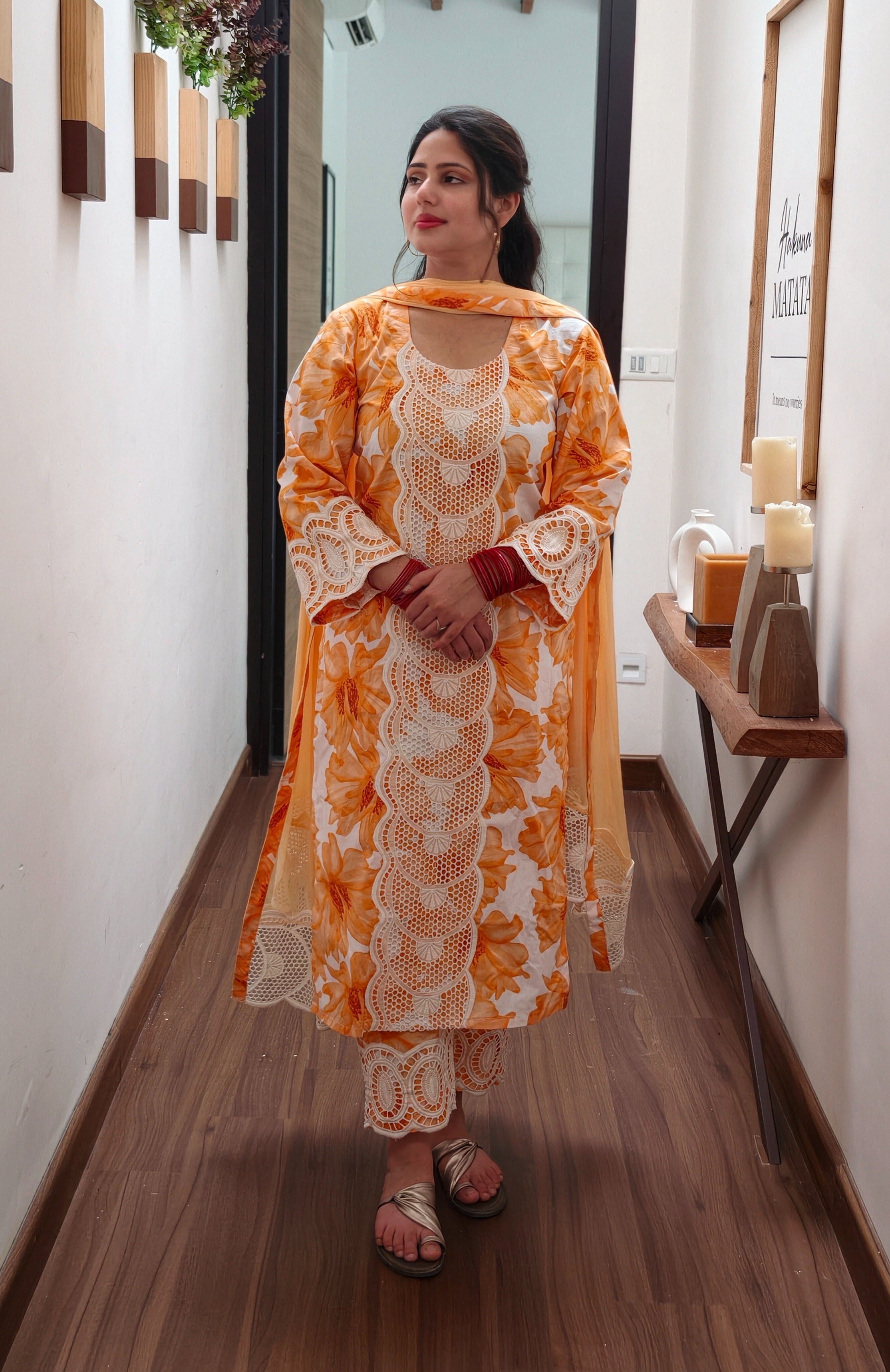 Orange Floral Lace Kurta Set
