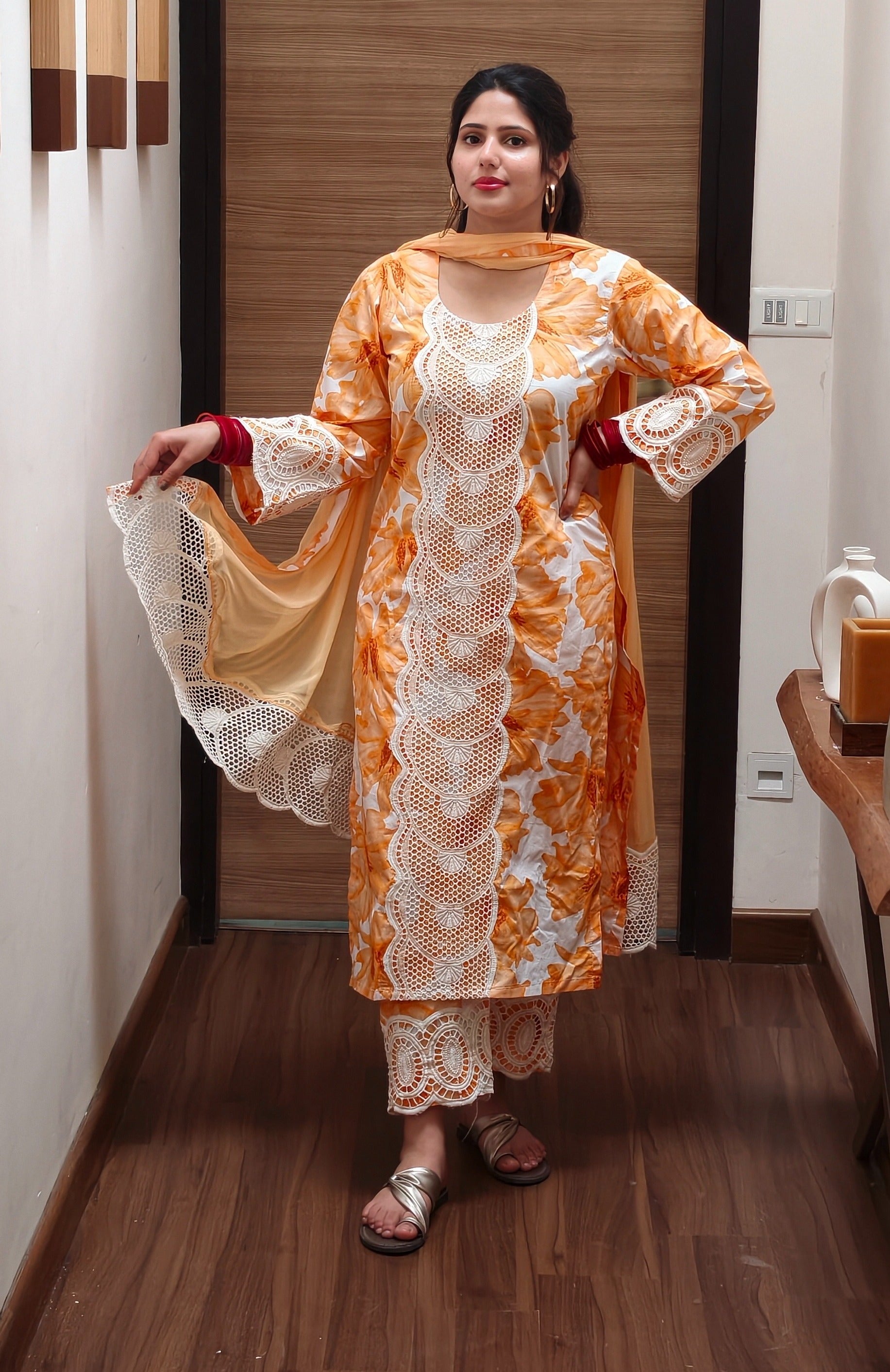 Orange Floral Lace Kurta Set