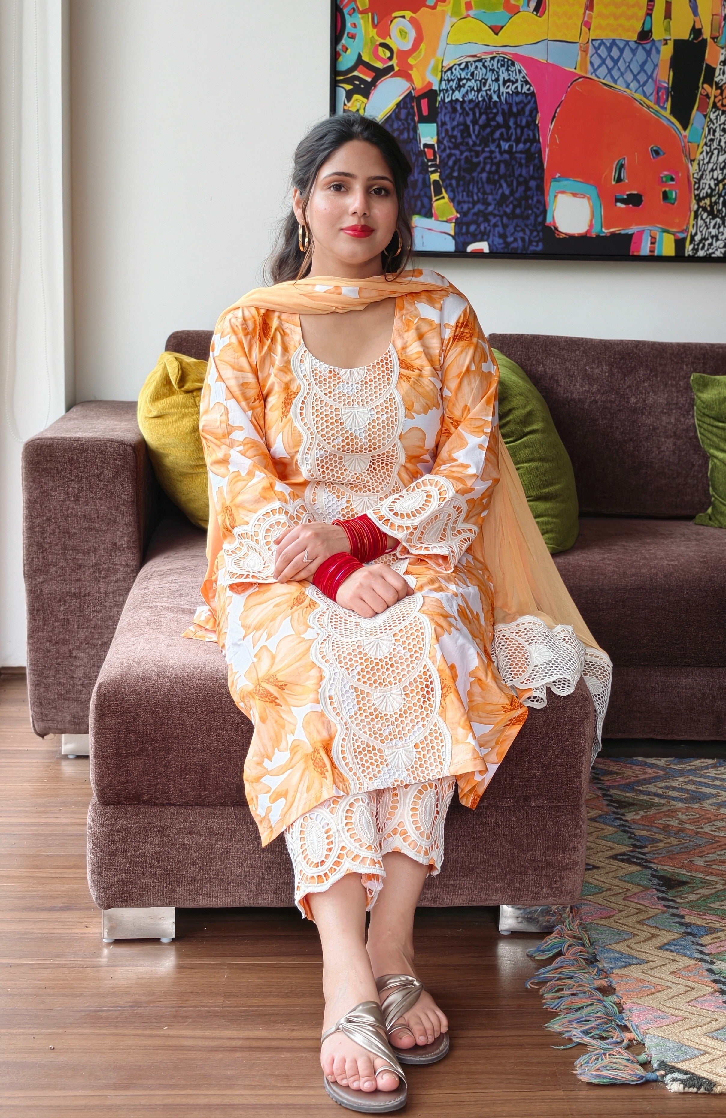Orange Floral Lace Kurta Set