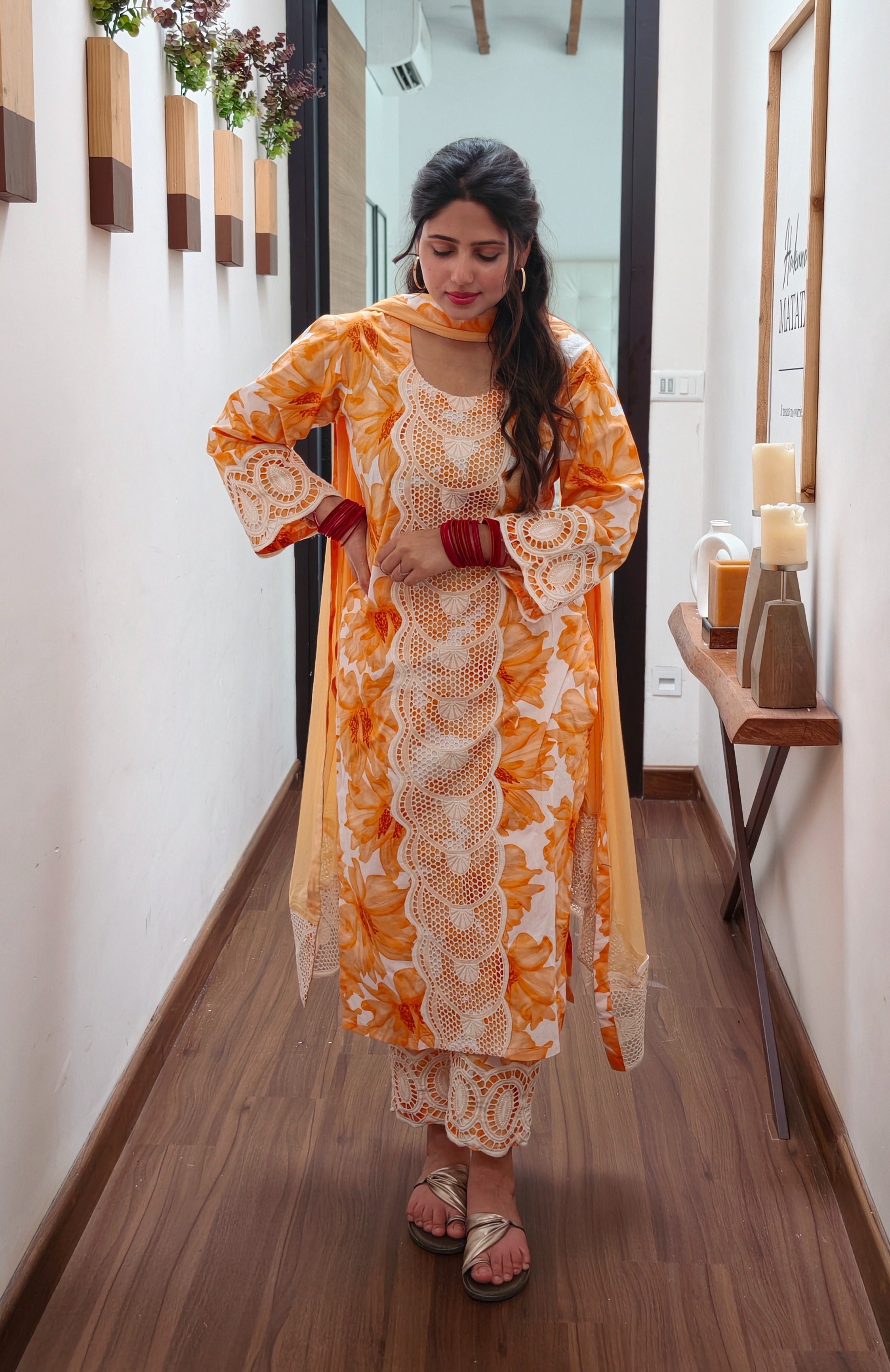 Orange Floral Lace Kurta Set