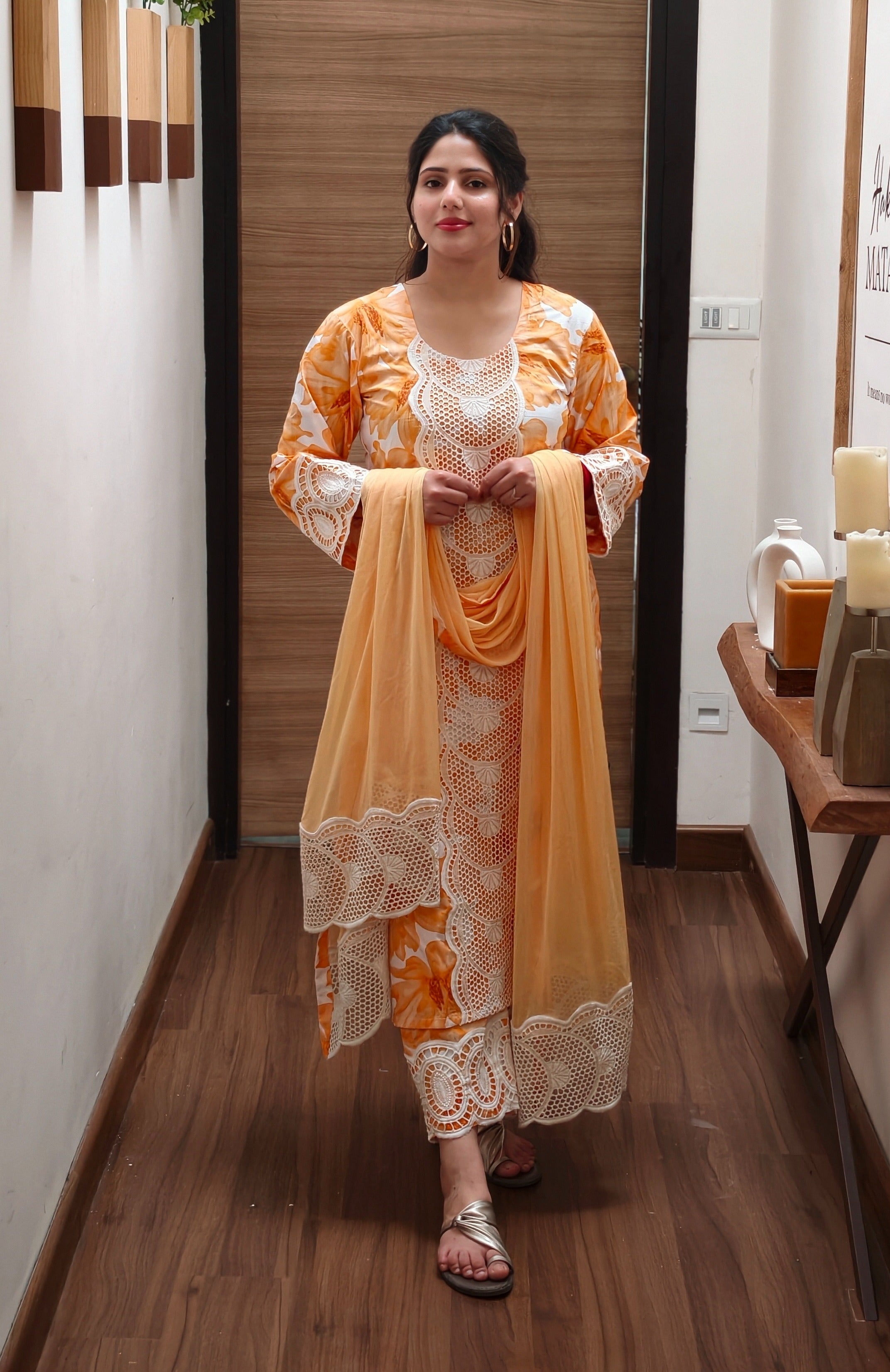 Orange Floral Lace Kurta Set
