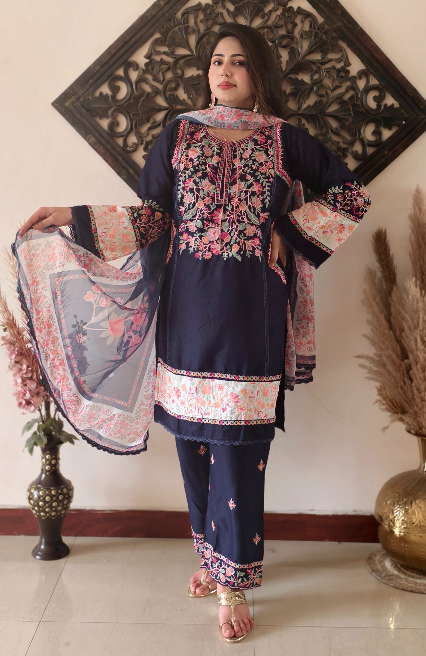 Midnight Blue Lawn Embroidered Suit