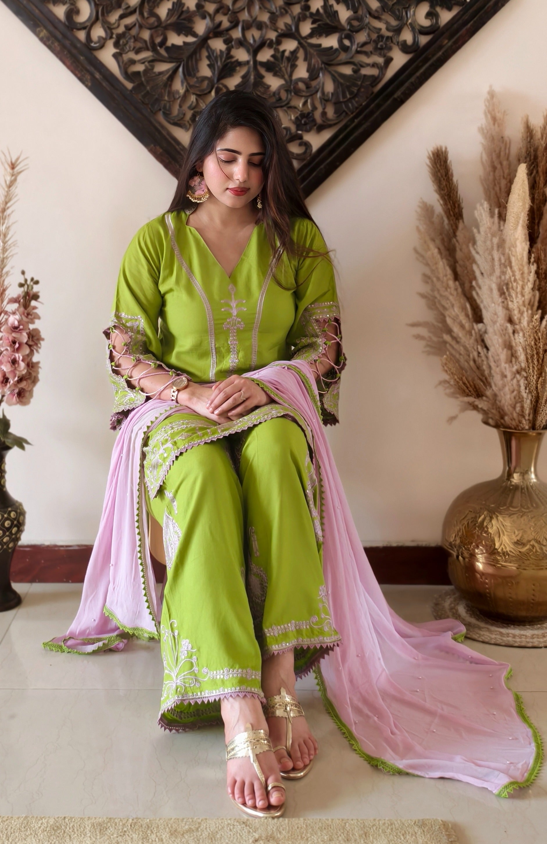 Green Rayon Cotton Embroidered Kurta Set with Blush Pink Dupatta