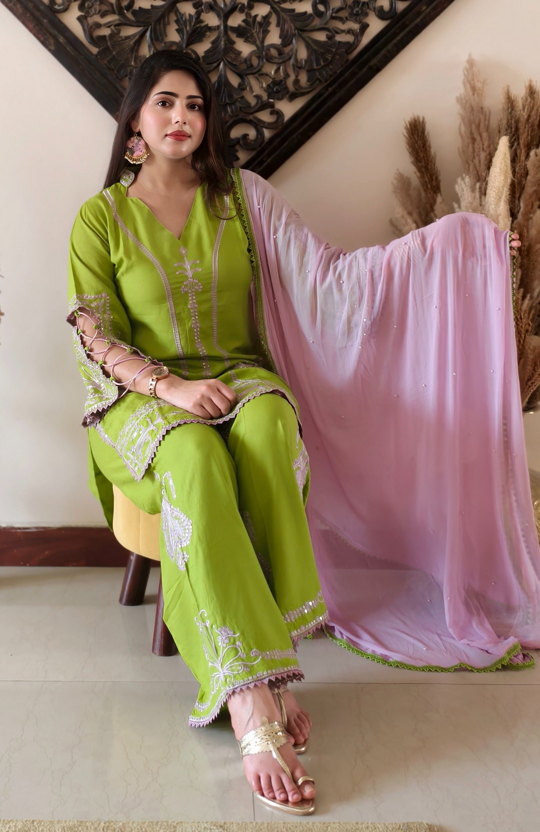 Green Rayon Cotton Embroidered Kurta Set with Blush Pink Dupatta