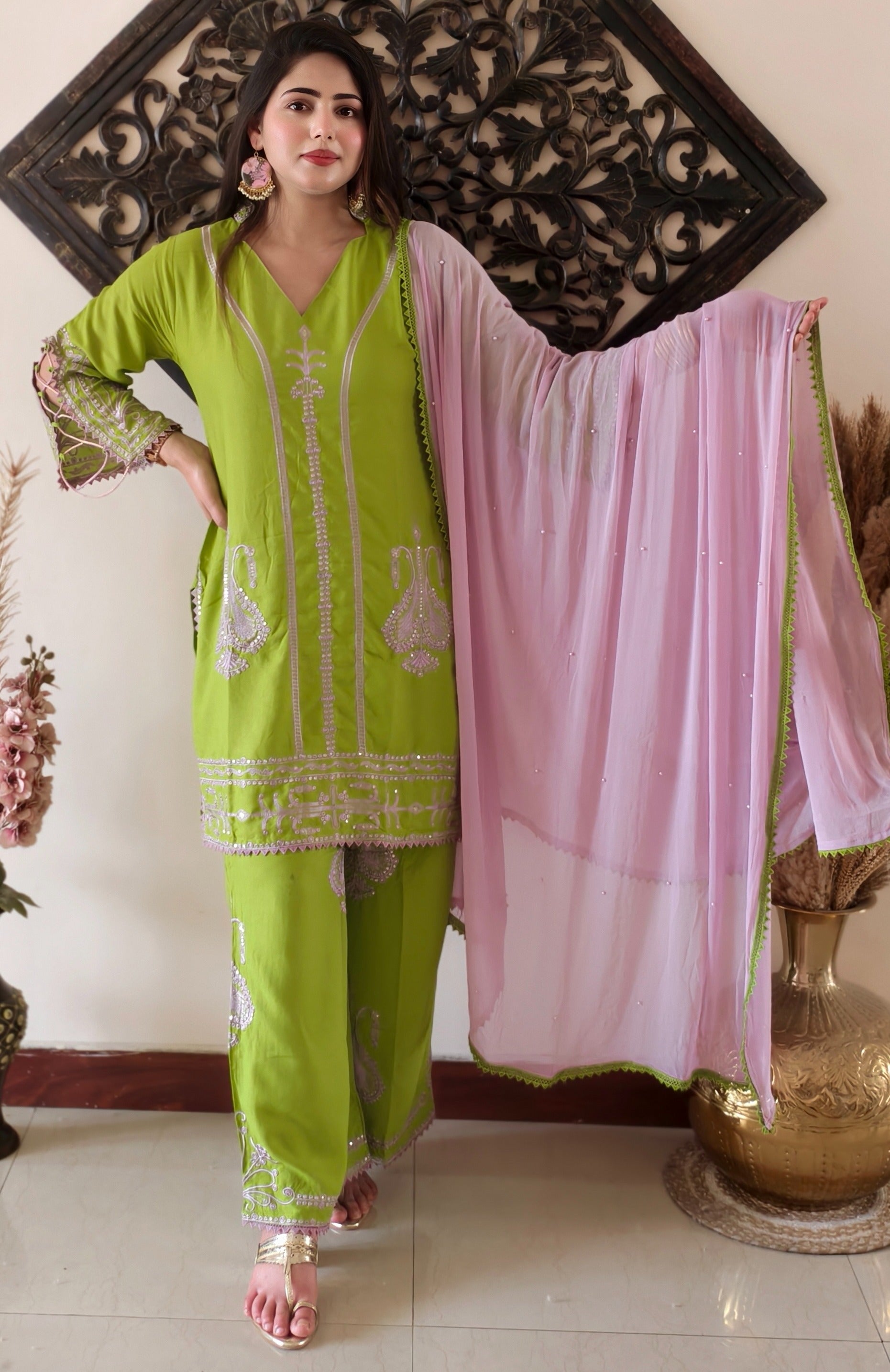 Green Rayon Cotton Embroidered Kurta Set with Blush Pink Dupatta