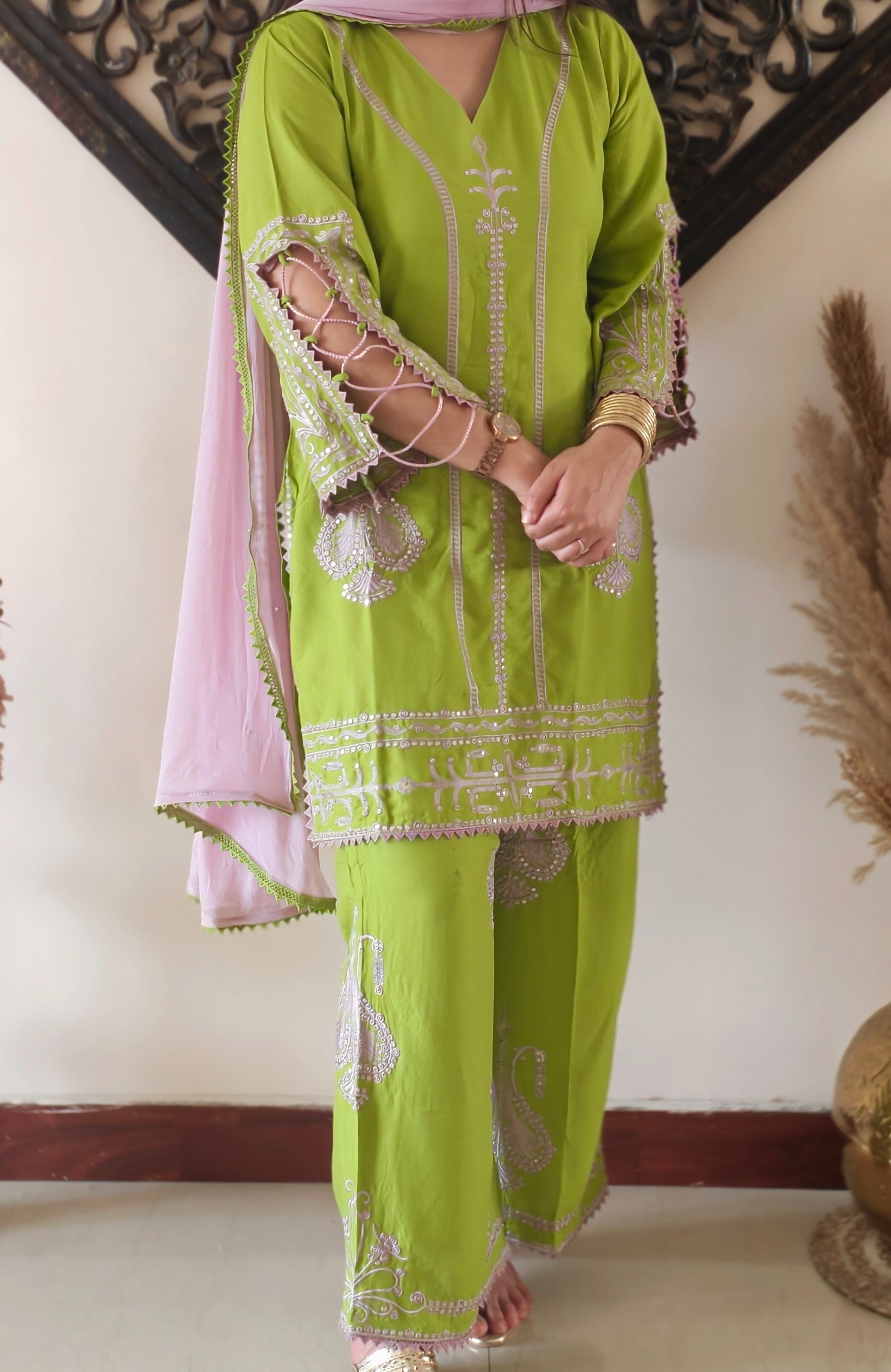Green Rayon Cotton Embroidered Kurta Set with Blush Pink Dupatta