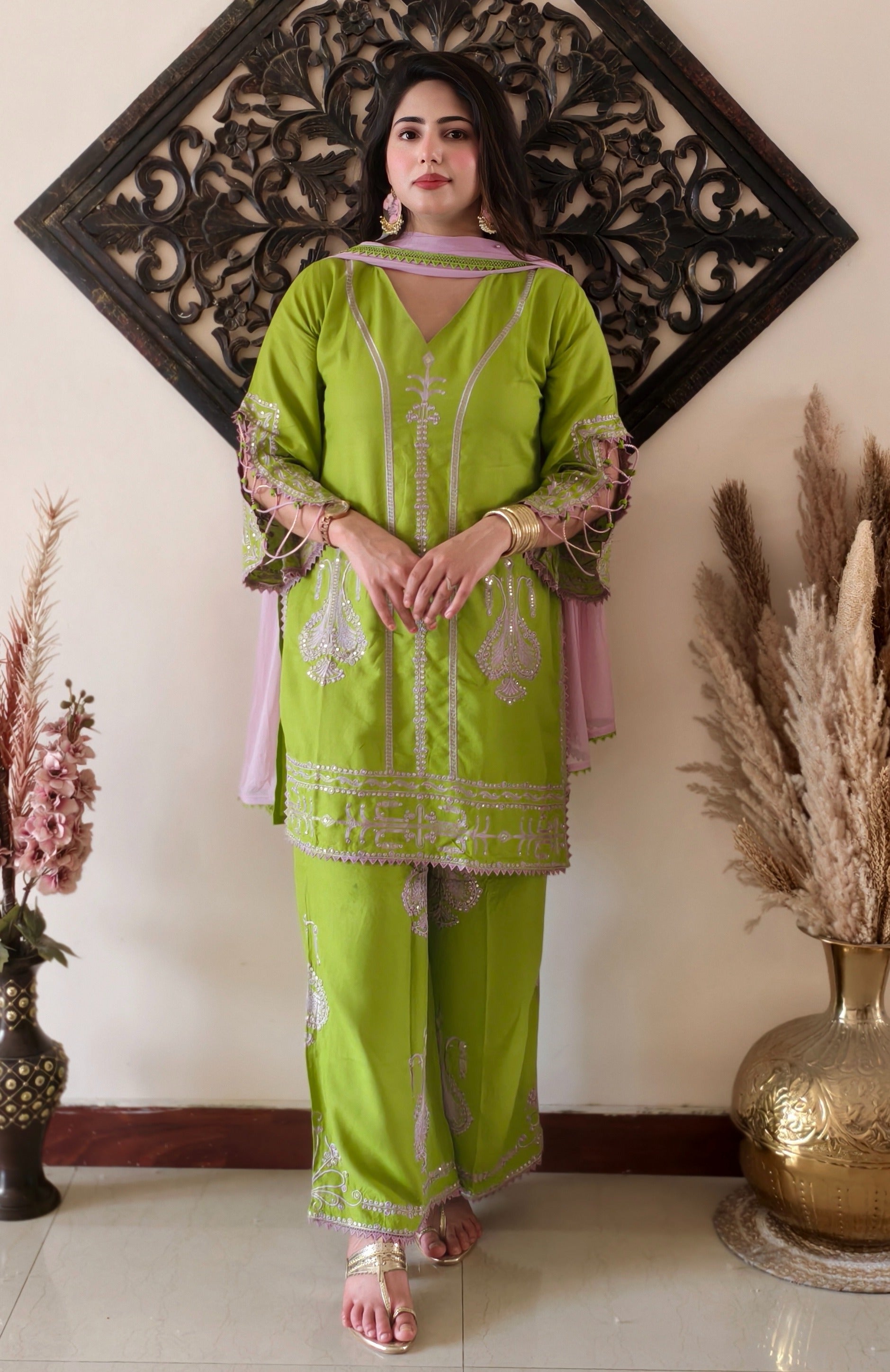 Green Rayon Cotton Embroidered Kurta Set with Blush Pink Dupatta