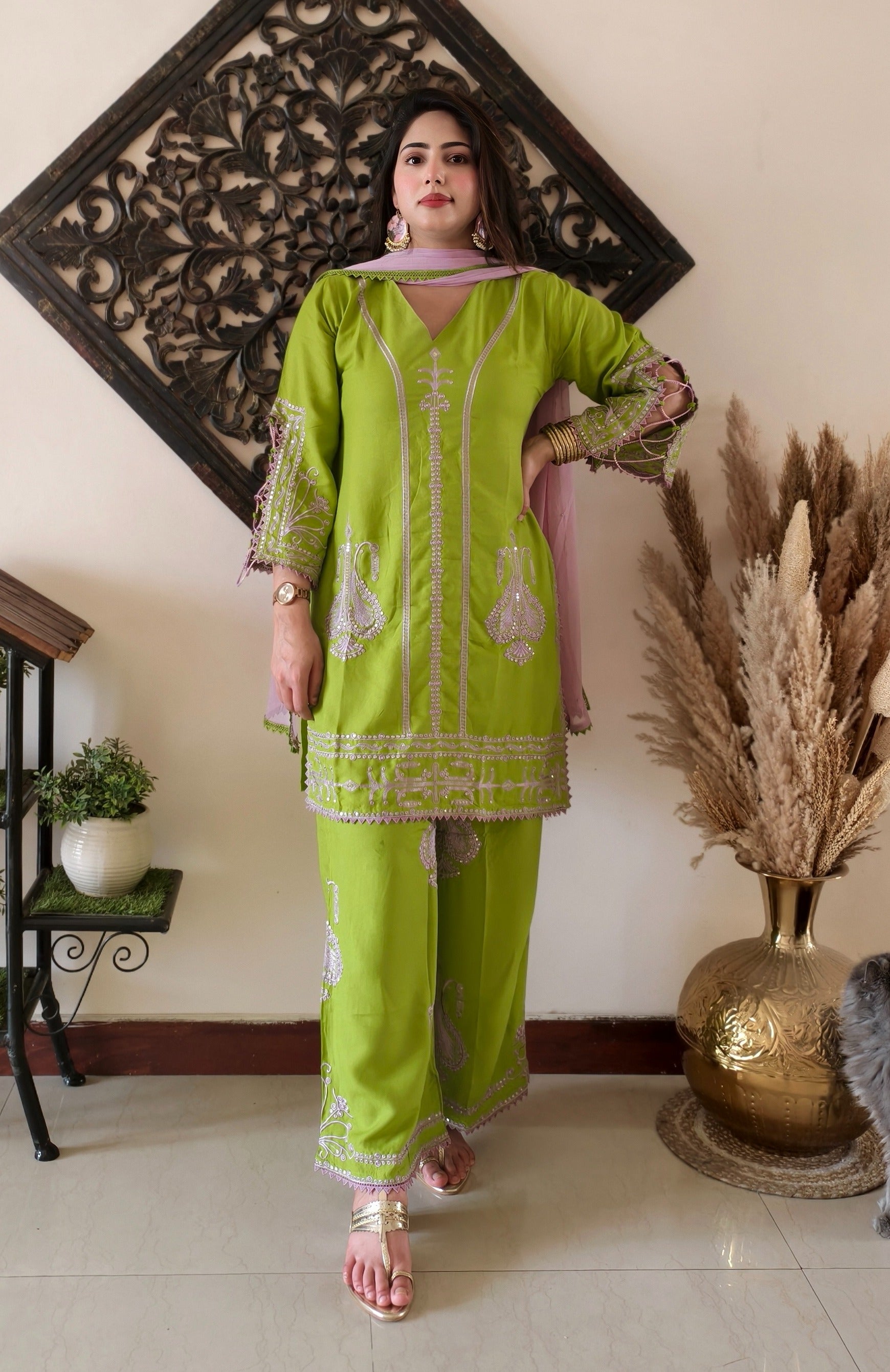 Green Rayon Cotton Embroidered Kurta Set with Blush Pink Dupatta