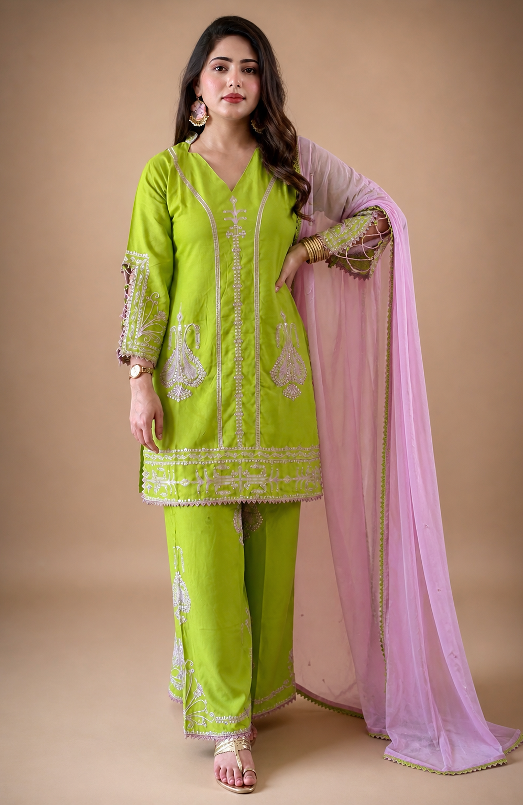 Green Rayon Cotton Embroidered Kurta Set with Blush Pink Dupatta