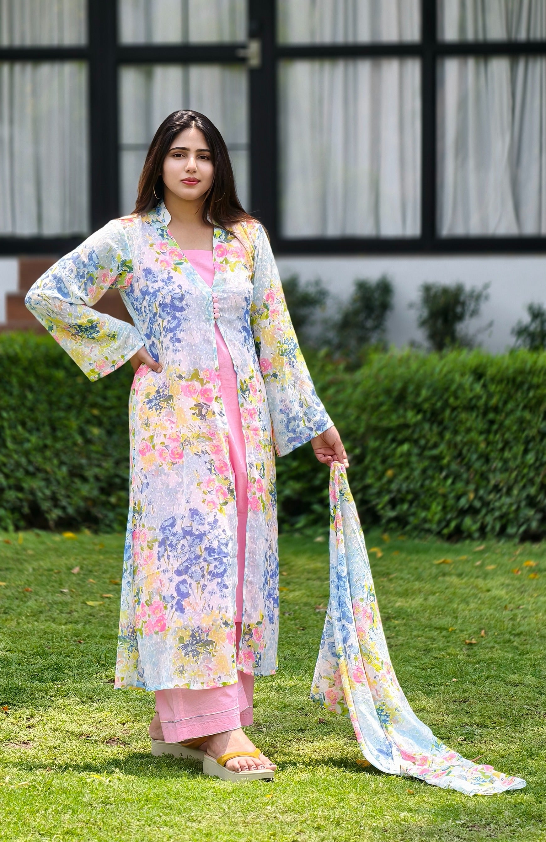 Floral Georgette Shrug with Cotton Kurta & Palazzo Set