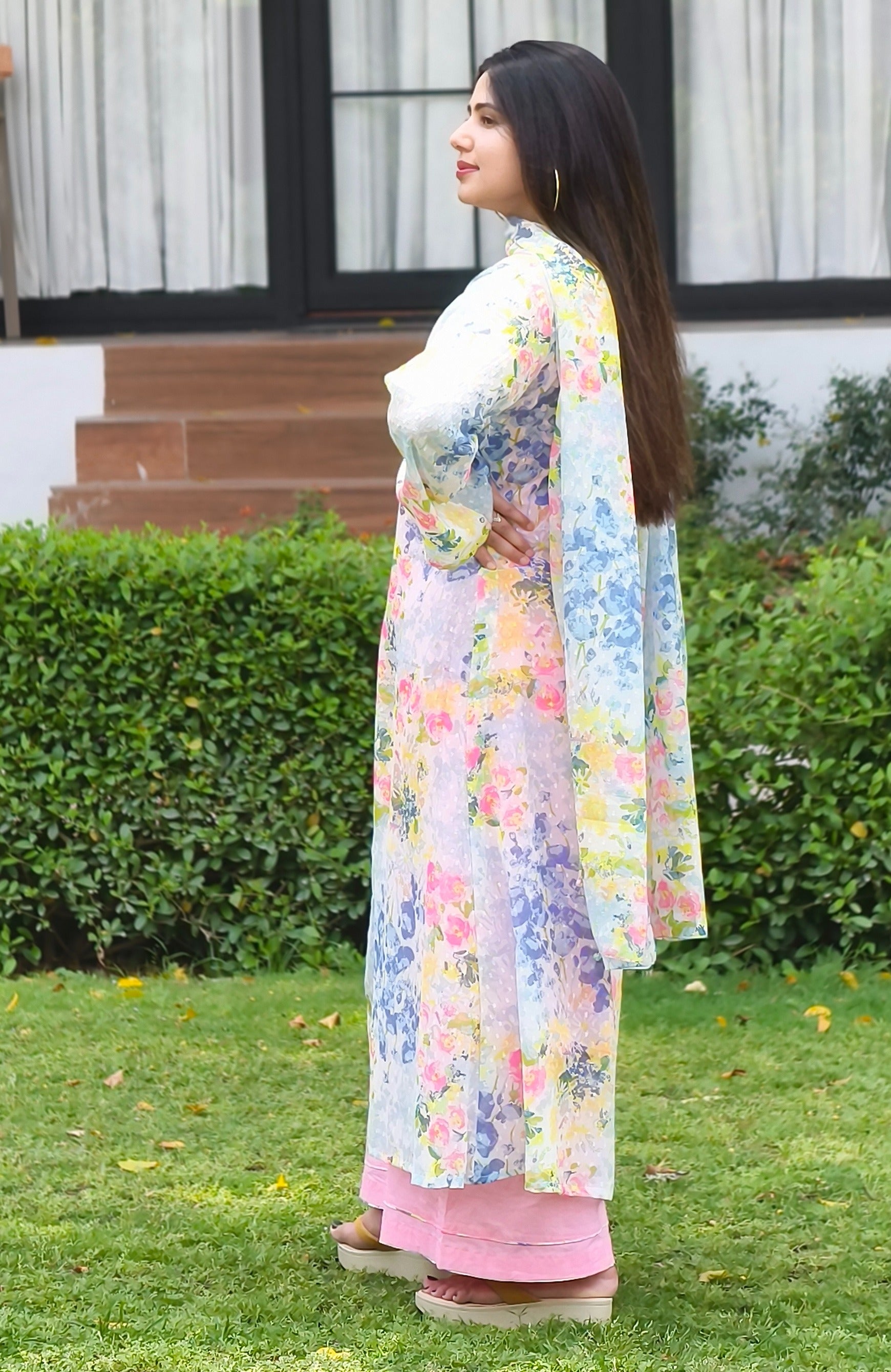 Floral Georgette Shrug with Cotton Kurta & Palazzo Set