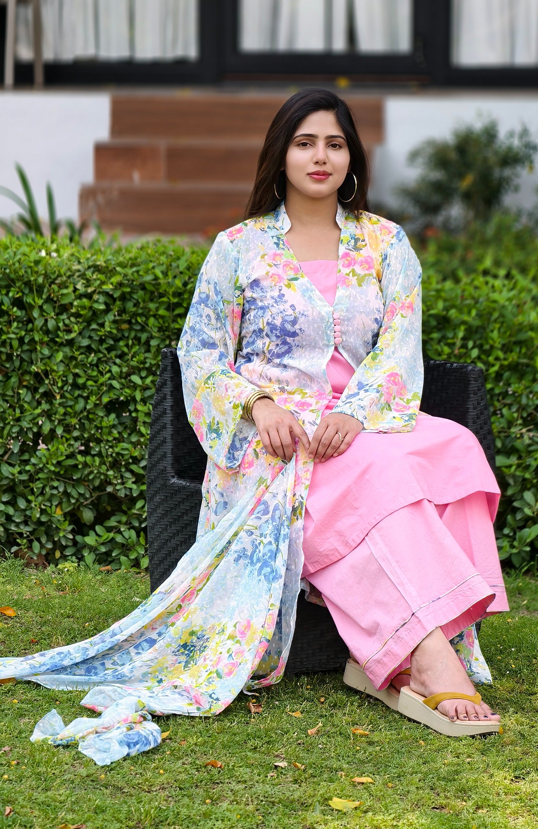 Floral Georgette Shrug with Cotton Kurta & Palazzo Set