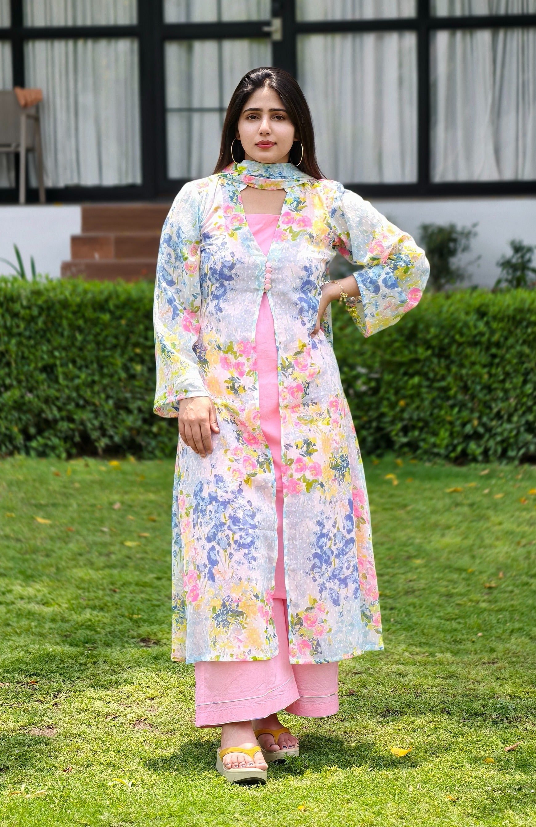 Floral Georgette Shrug with Cotton Kurta & Palazzo Set
