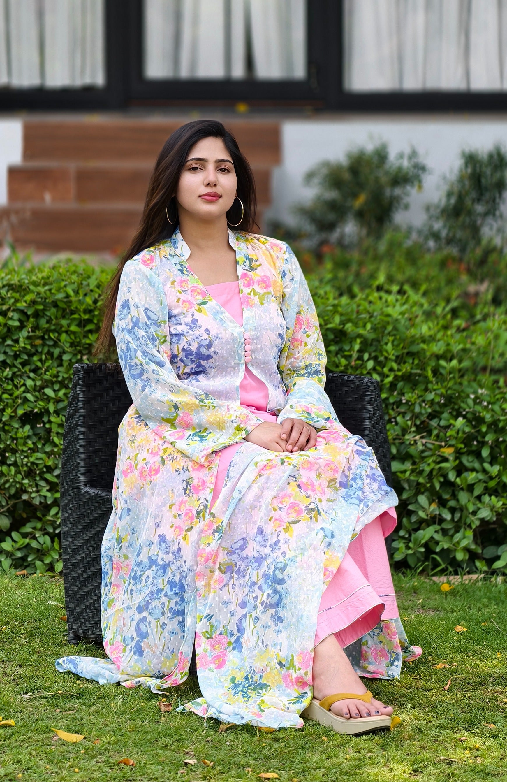 Floral Georgette Shrug with Cotton Kurta & Palazzo Set