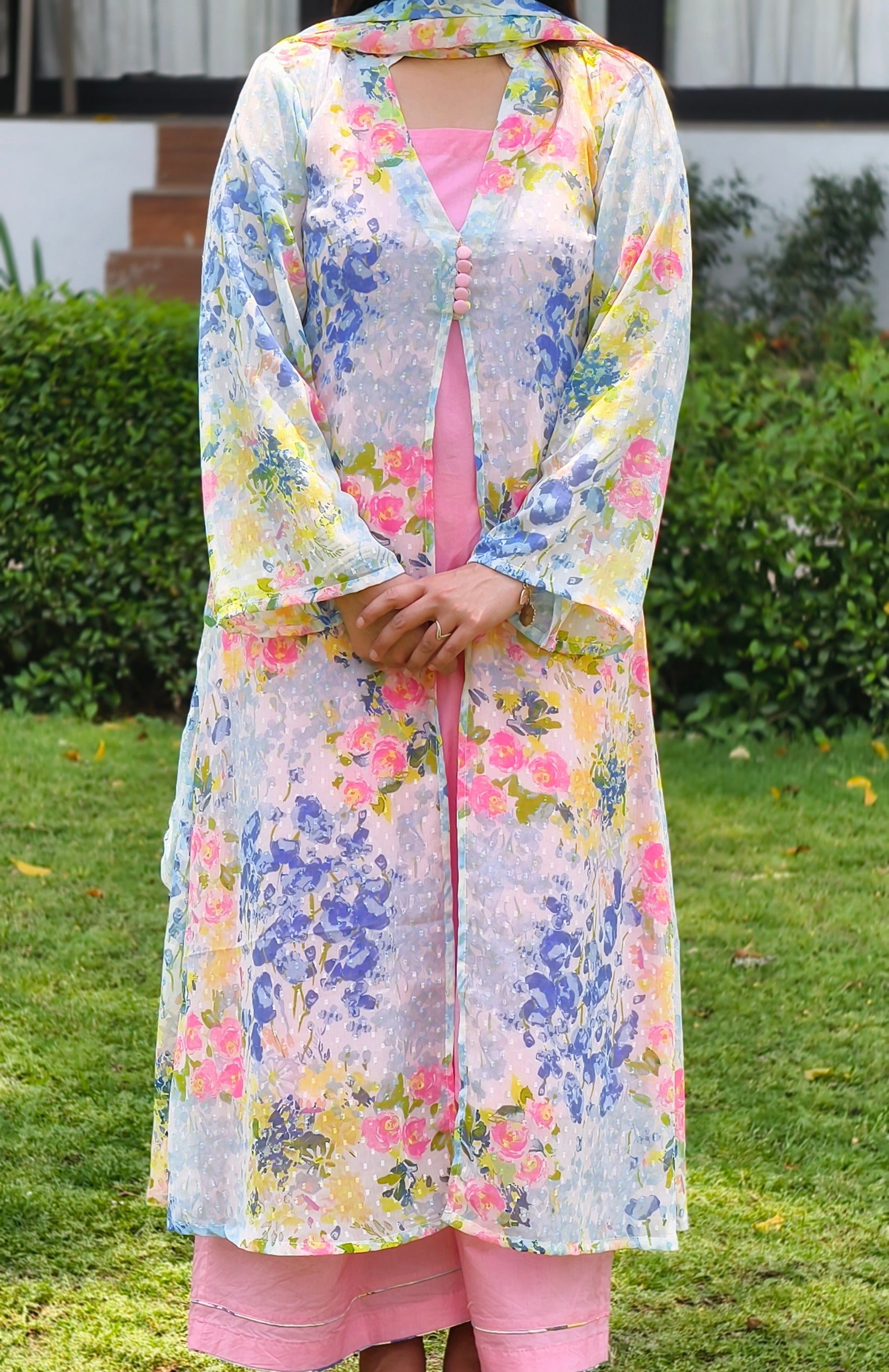 Floral Georgette Shrug with Cotton Kurta & Palazzo Set