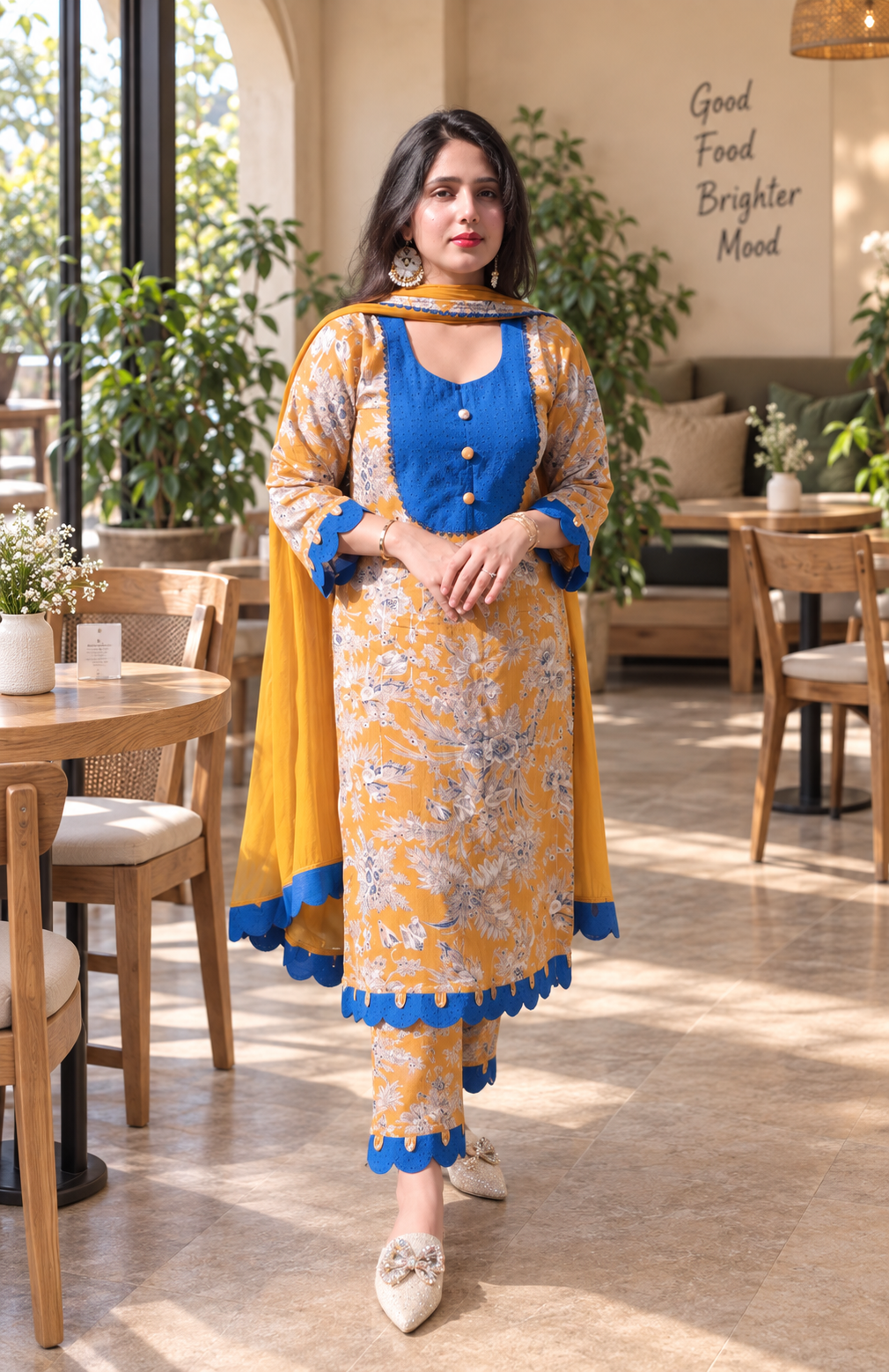 Mustard Gold Cotton Silk with Schiffli 3-piece Suit