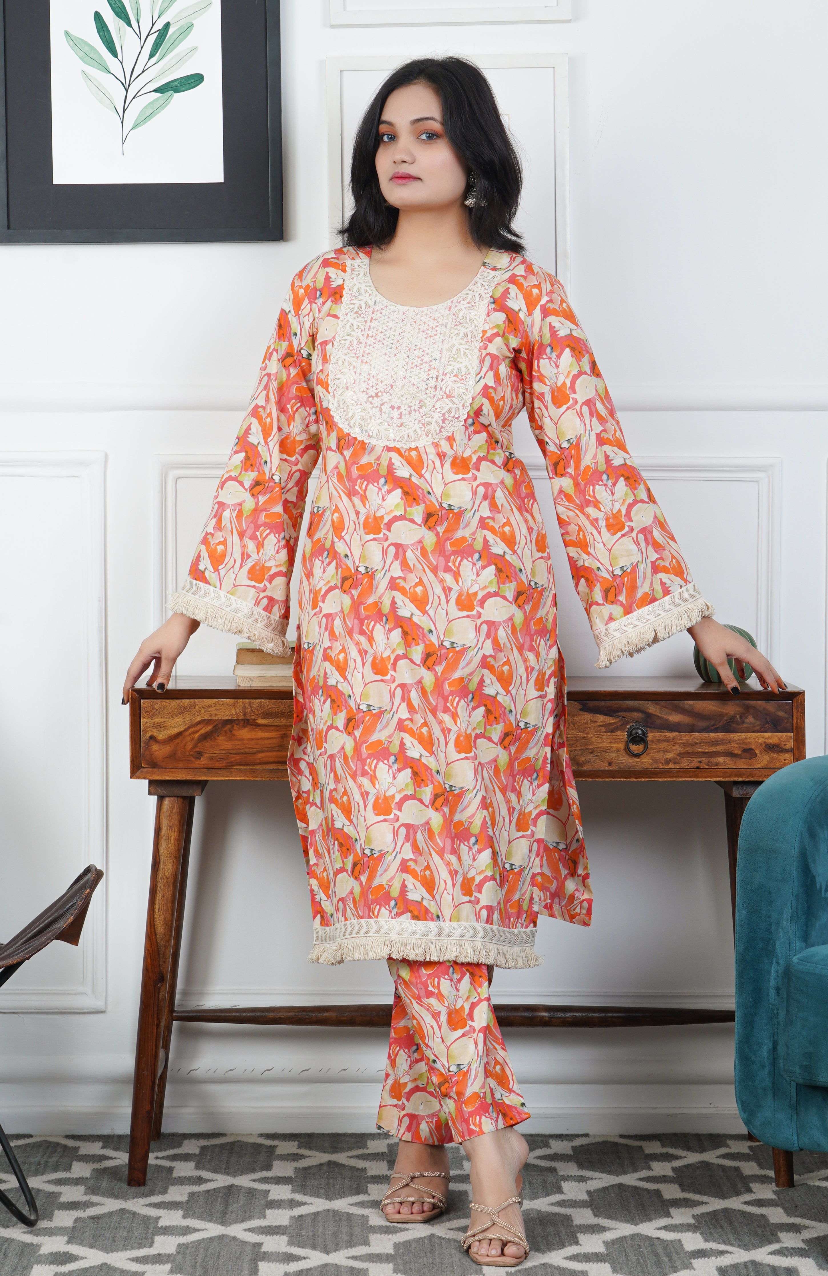 Orange Floral Printed Cotton Kurta with Trouser