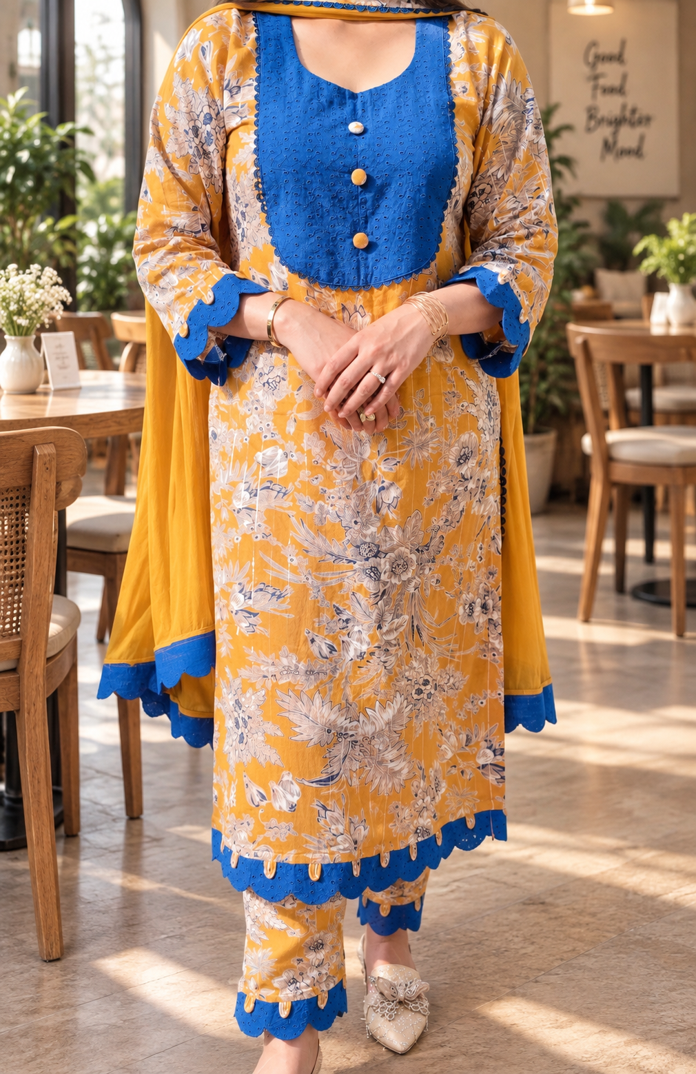 Mustard Gold Cotton Silk with Schiffli 3-piece Suit