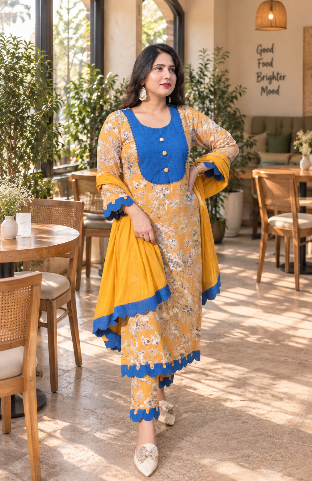 Mustard Gold Cotton Silk with Schiffli 3-piece Suit