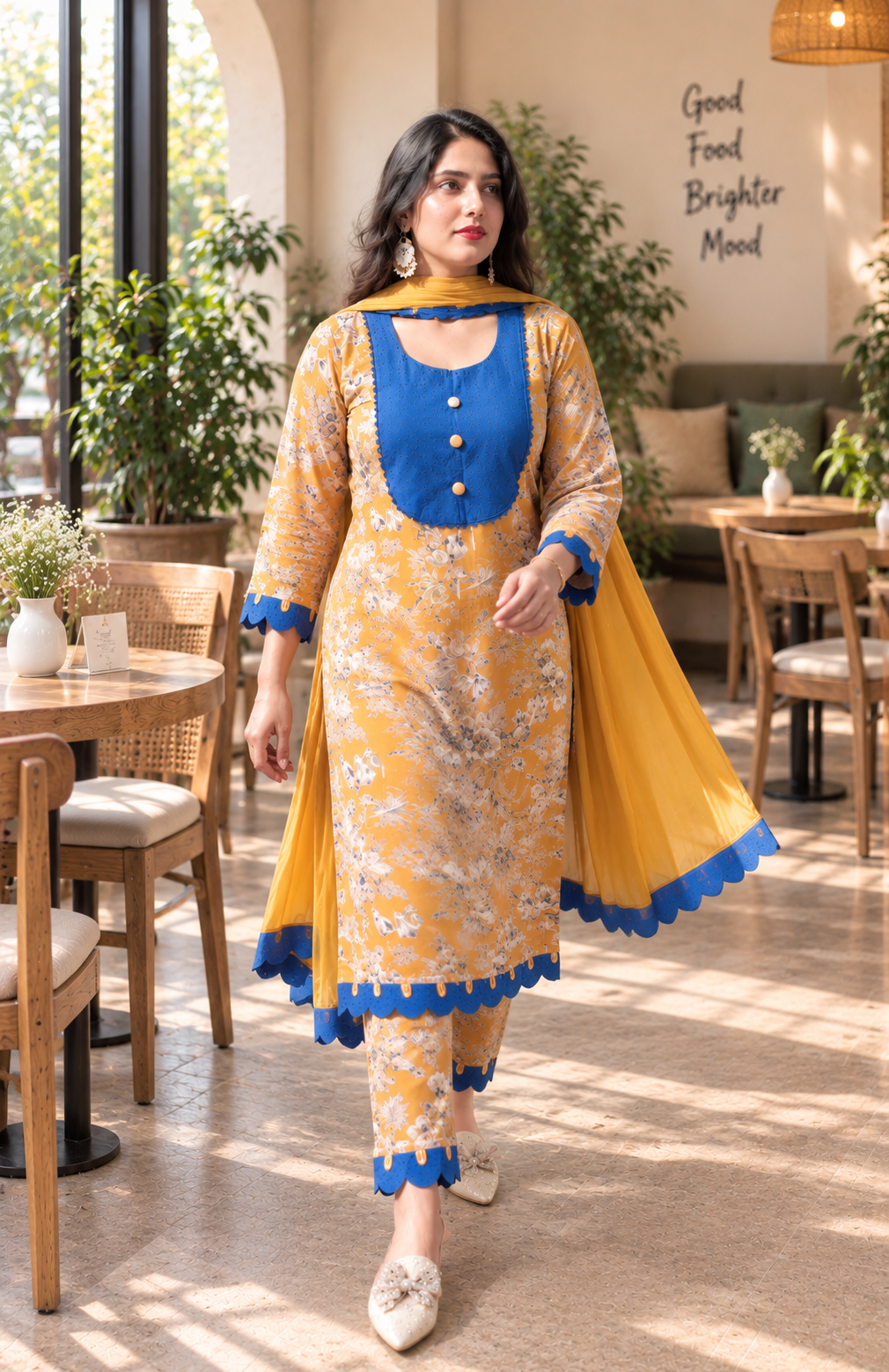 Mustard Gold Cotton Silk with Schiffli 3-piece Suit