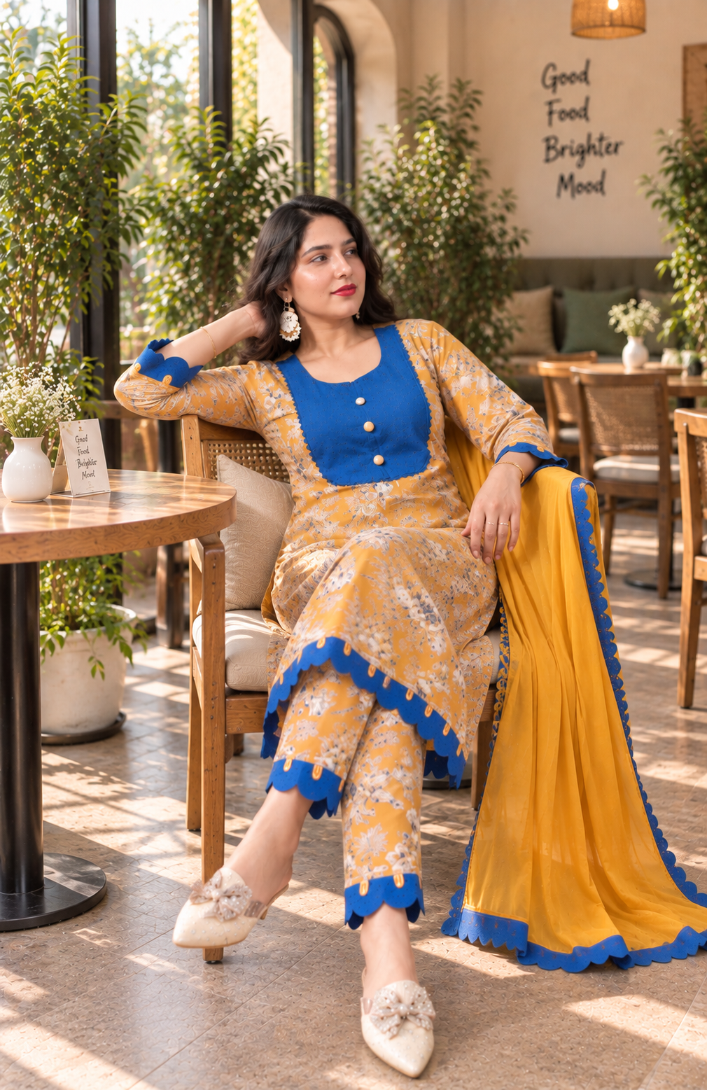 Mustard Gold Cotton Silk with Schiffli 3-piece Suit